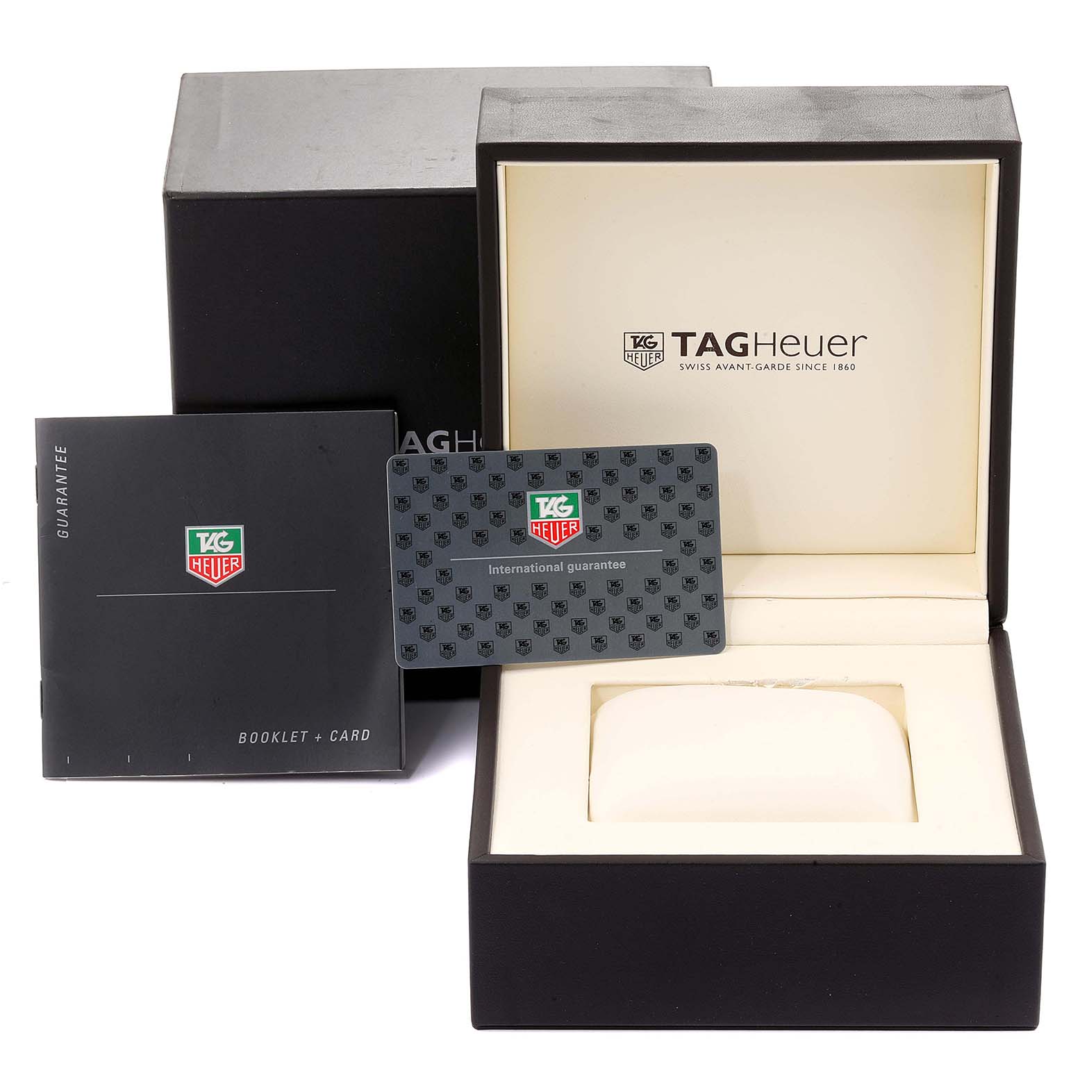 The image shows the open box, guarantee card, and booklet for the Tag Heuer Monza CR2113.FC6164 Men's Stainless Steel Black Dial CR2113.FC6164 Men's Stainless Steel Black Dial model watch.