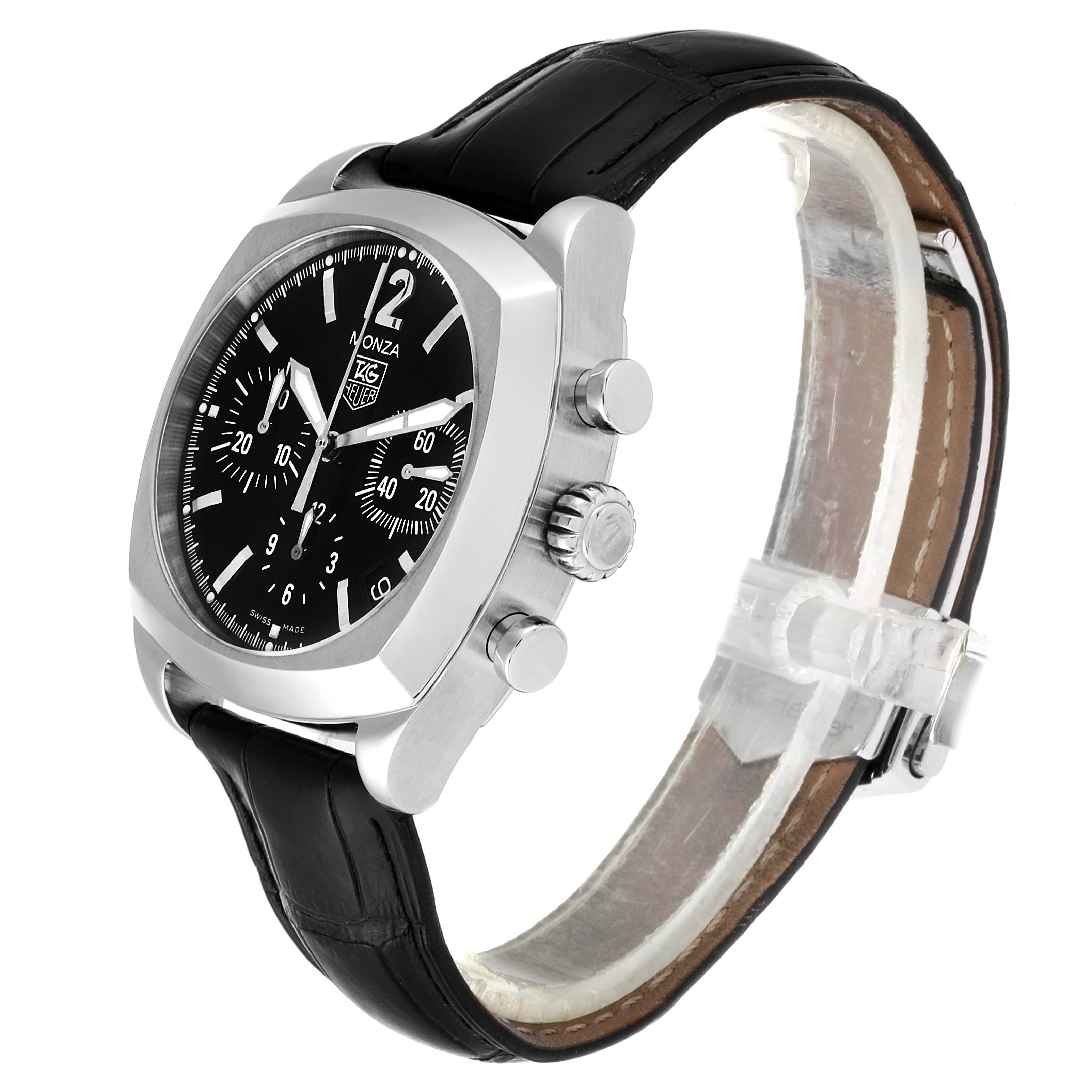 The image shows a Tag Heuer Monza CR2113.FC6164 Men's Stainless Steel Black Dial CR2113.FC6164 Men's Stainless Steel Black Dial watch at a three-quarter angle, highlighting the dial, crown, pushers, and leather strap.