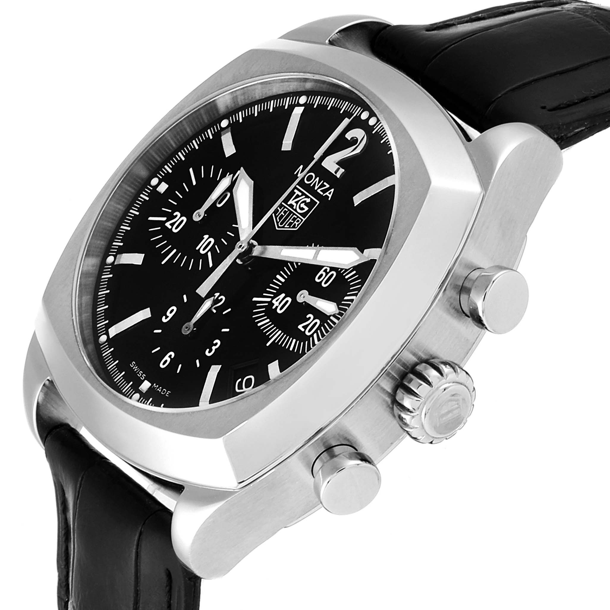 The image shows a side angle of the Tag Heuer Monza CR2113.FC6164 Men's Stainless Steel Black Dial CR2113.FC6164 Men's Stainless Steel Black Dial watch, highlighting the dial, crown, pushers, and leather strap.