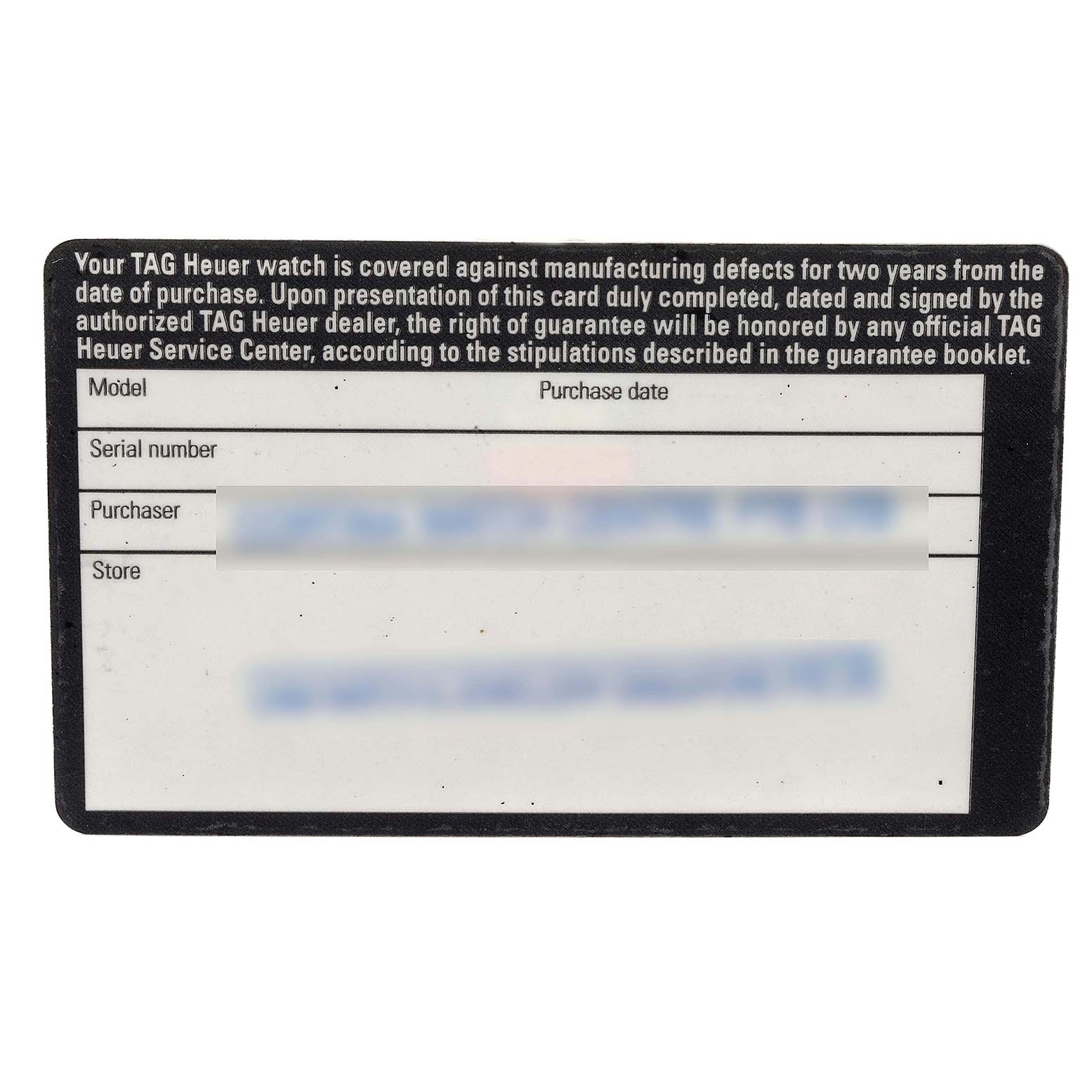 The image shows a warranty card for a Tag Heuer Monza CR2113.FC6164 Men's Stainless Steel Black Dial CR2113.FC6164 Men's Stainless Steel Black Dial watch, detailing the warranty terms, purchase details, and serial number.