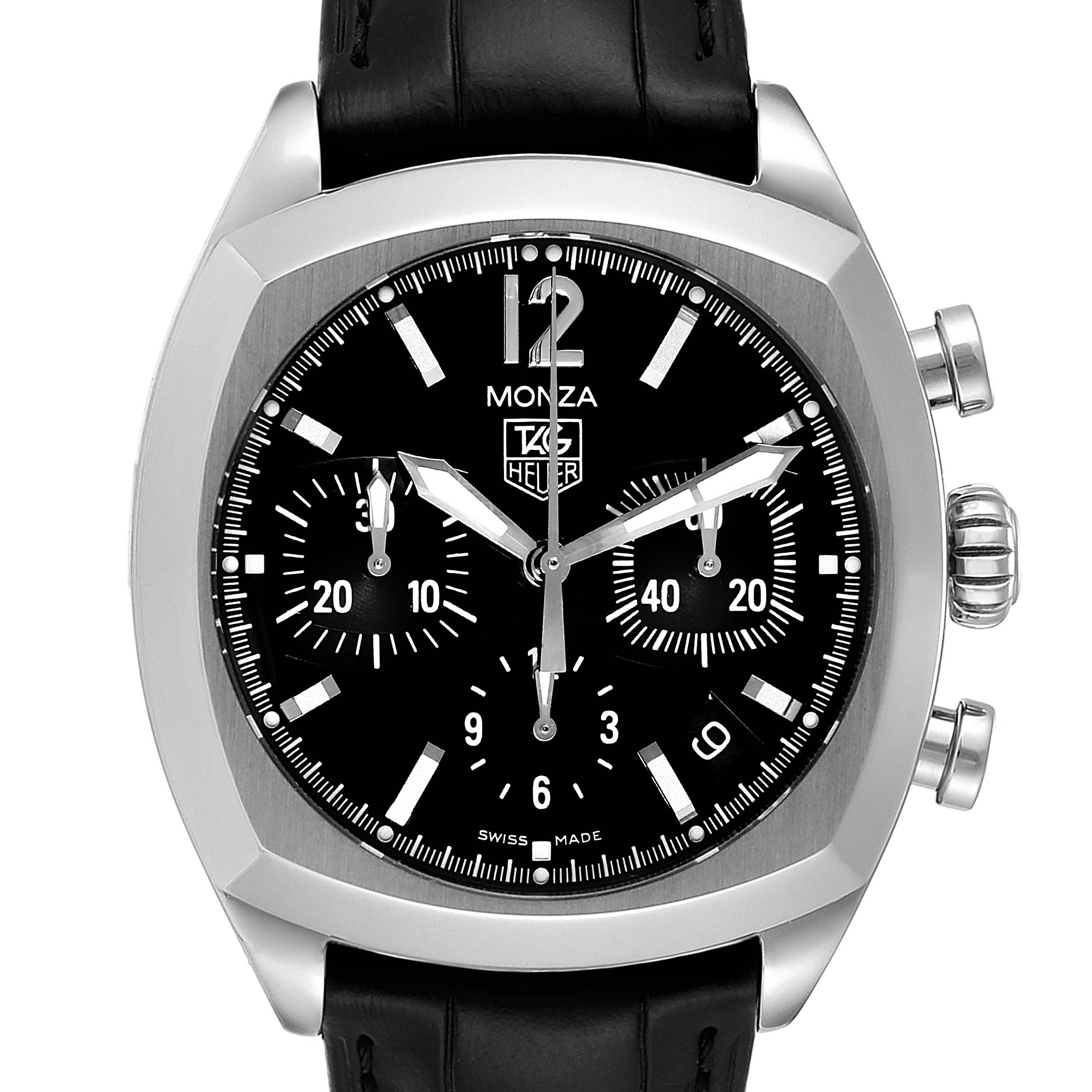 The Tag Heuer Monza CR2113.FC6164 Men's Stainless Steel Black Dial CR2113.FC6164 Men's Stainless Steel Black Dial watch is shown from the front, displaying its black dial, subdials, and crown.