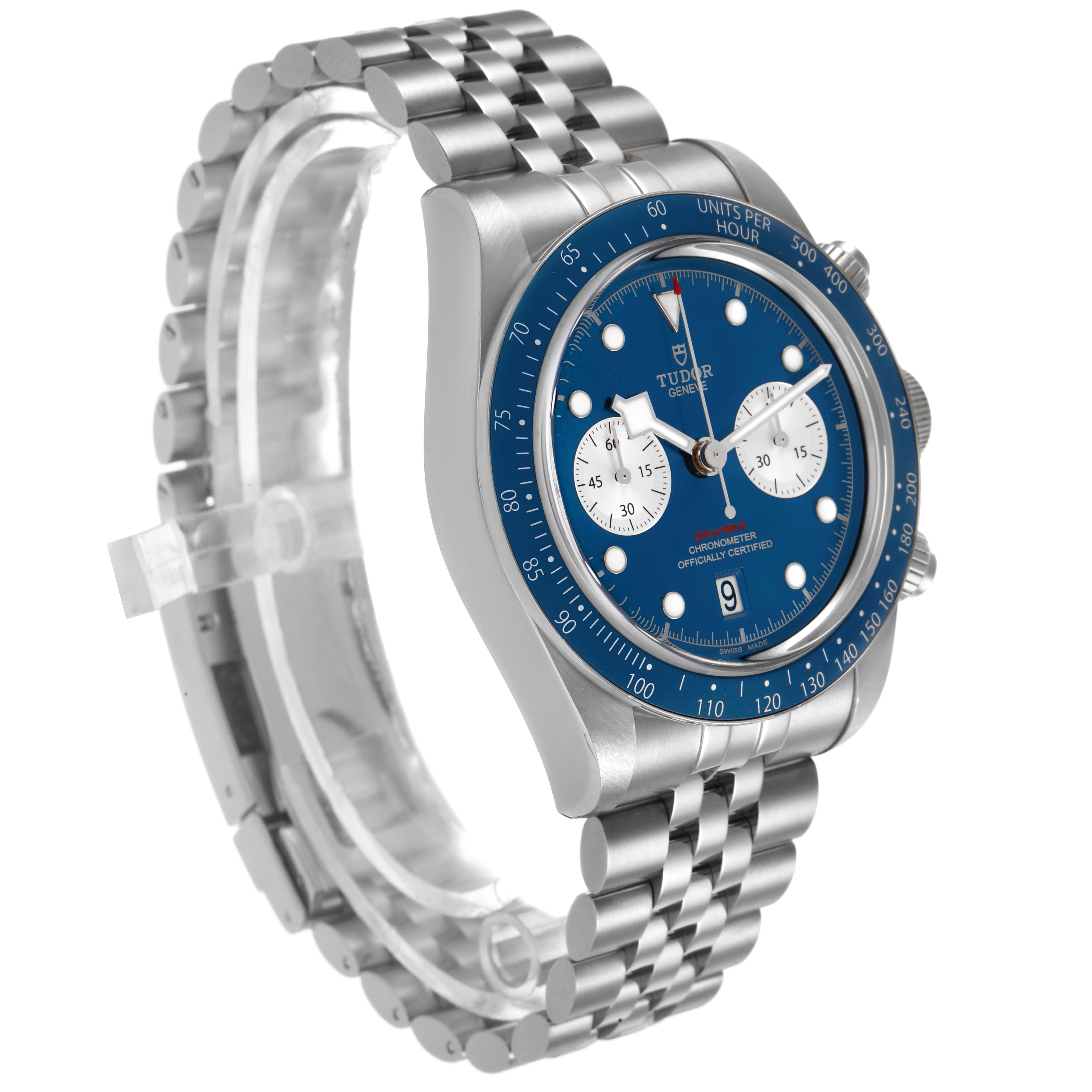 This Tudor Heritage Chrono 79360B Men's Stainless Steel Blue Dial watch is shown at a three-quarter angle, highlighting the face, bezel, and metal bracelet.