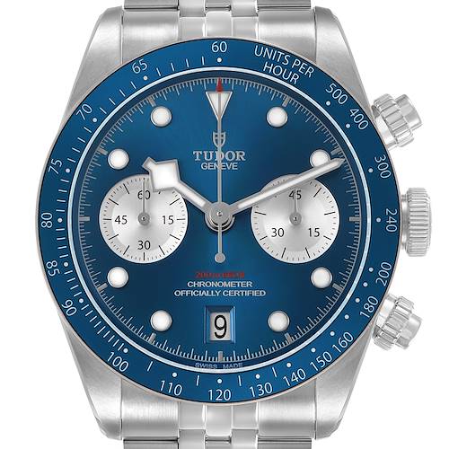 The Tudor Heritage Chrono 79360B Men's Stainless Steel Blue Dial watch is shown from a front view, highlighting the dial, bezel, and crown.