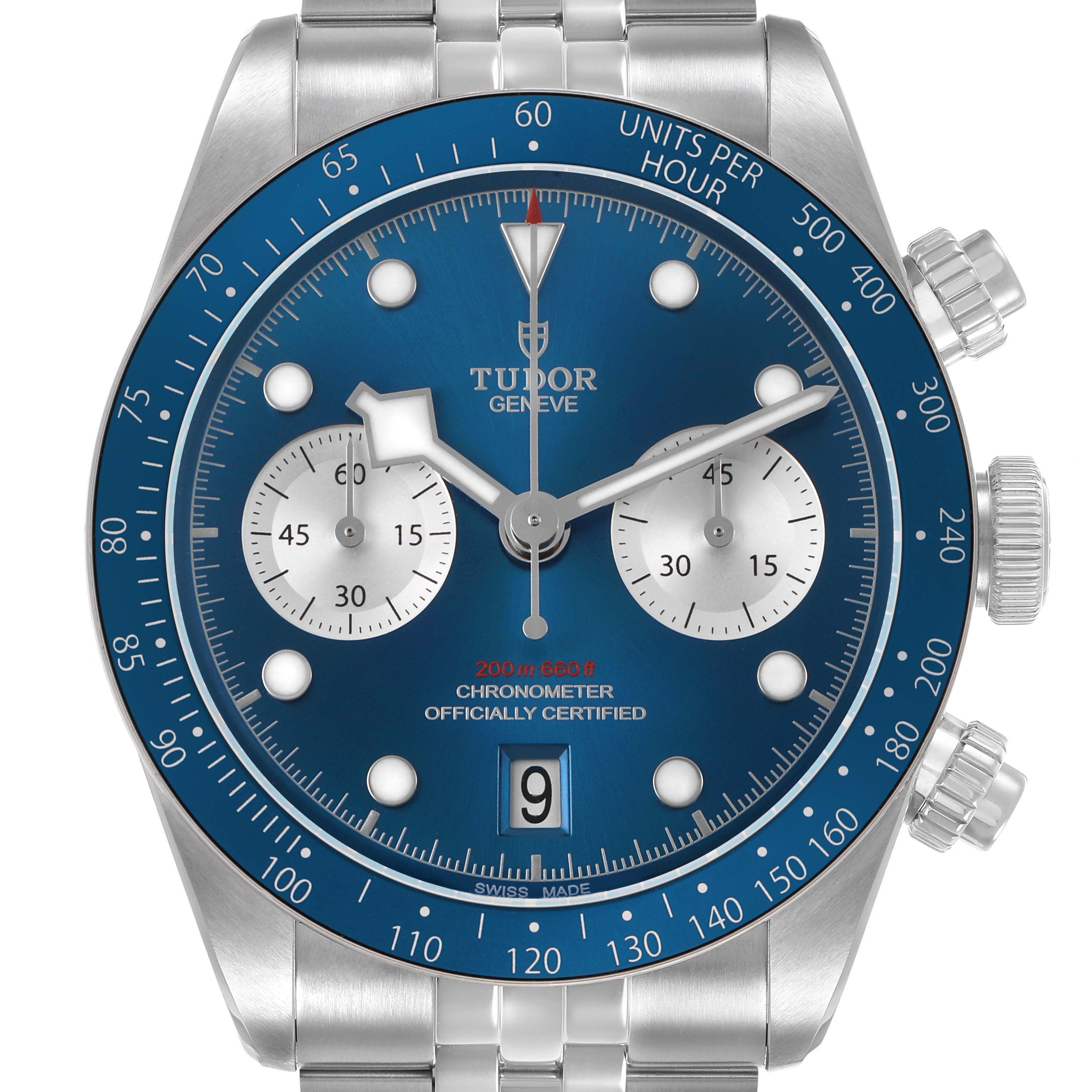 The Tudor Heritage Chrono 79360B Men's Stainless Steel Blue Dial watch is shown from a front view, displaying the face, dial, and bezel clearly.