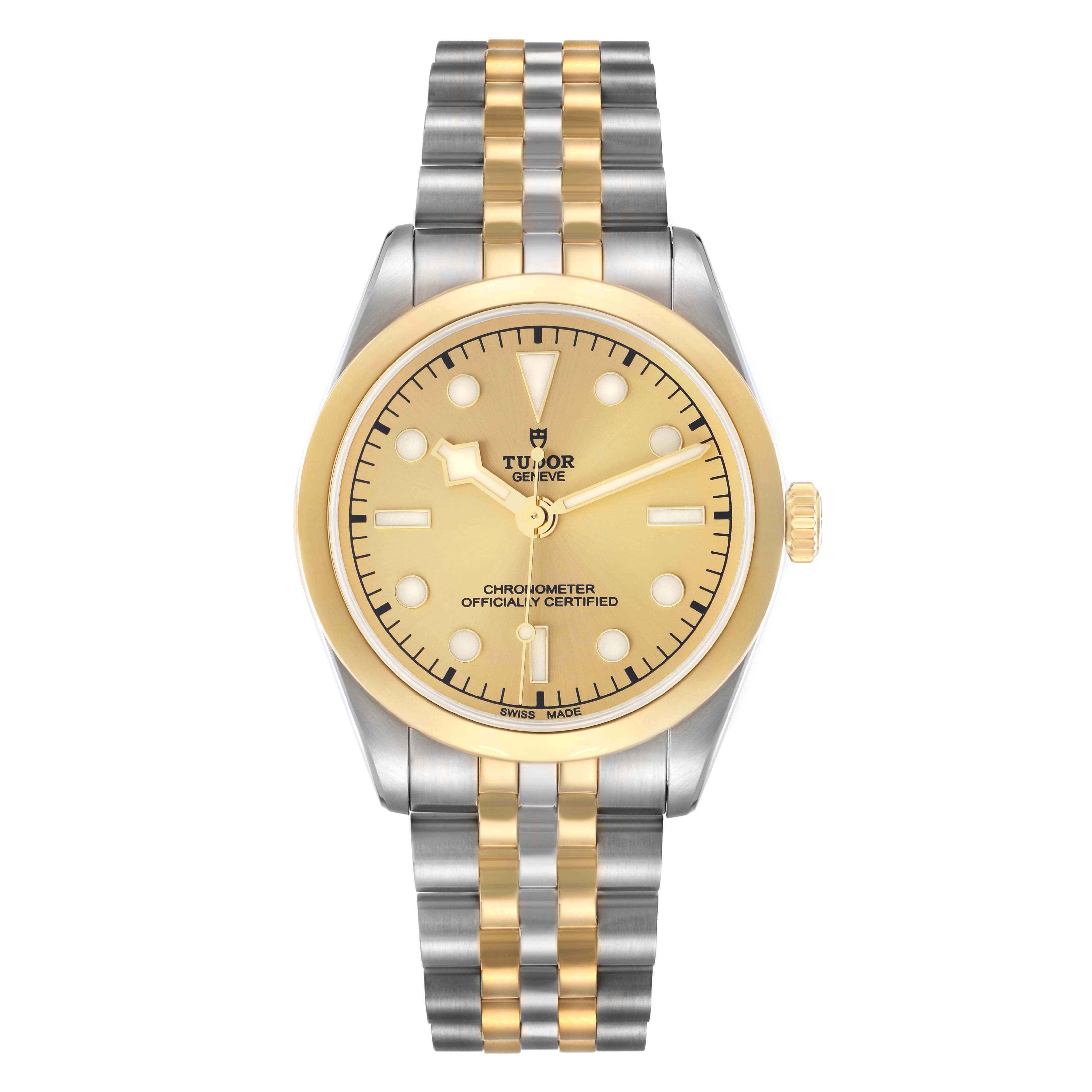 The Tudor Heritage Black Bay M79643-0005 Men
s Steel and Gold (two tone) Champagne Dial watch is shown from the front, displaying the dial, bezel, and bracelet.