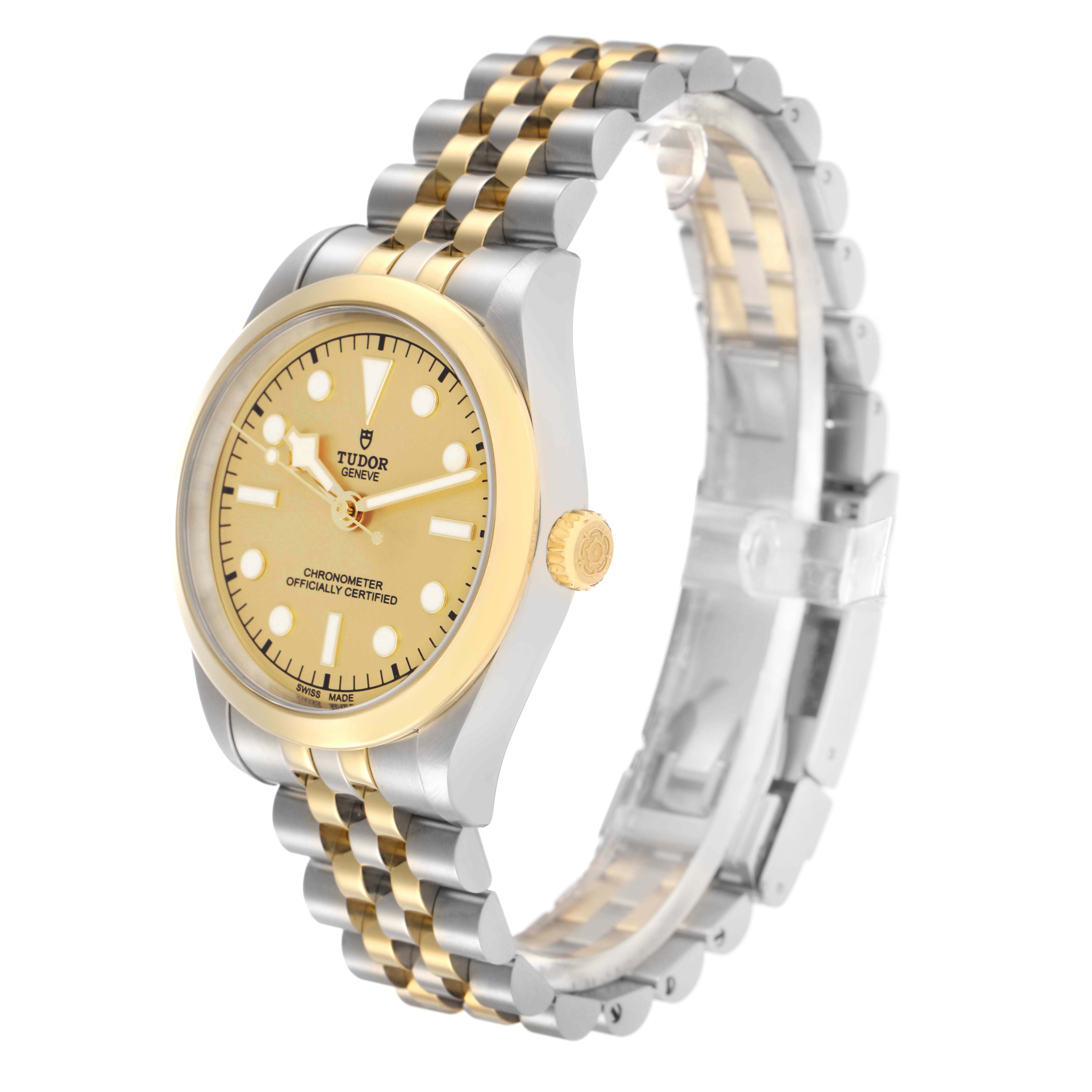 The Tudor Heritage Black Bay M79643-0005 Men
s Steel and Gold (two tone) Champagne Dial watch is shown at a three-quarter angle, highlighting the dial, bezel, side crown, and bracelet.