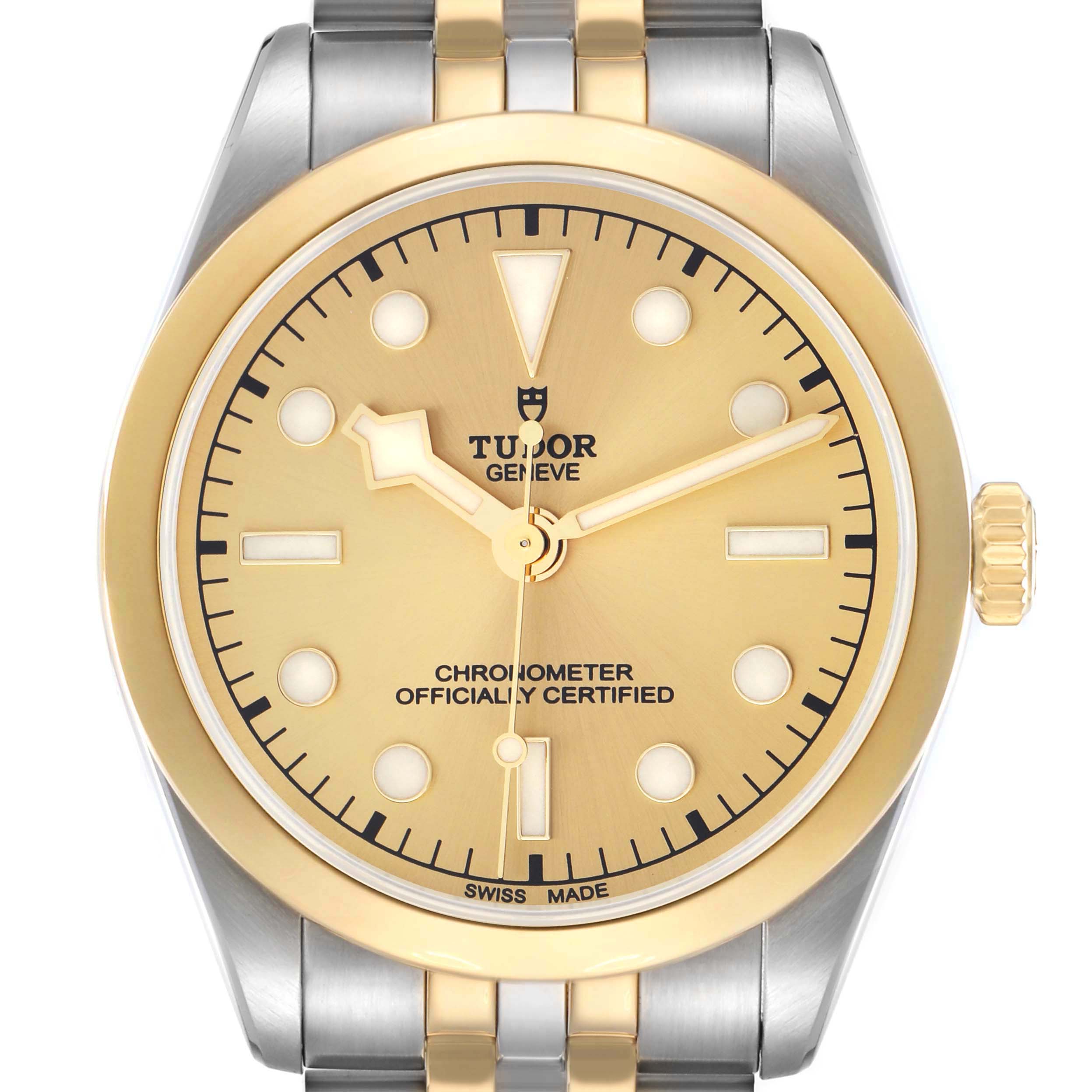 The Tudor Heritage Black Bay M79643-0005 Men
s Steel and Gold (two tone) Champagne Dial watch is shown from a front angle, highlighting the dial, bezel, and part of the bracelet.
