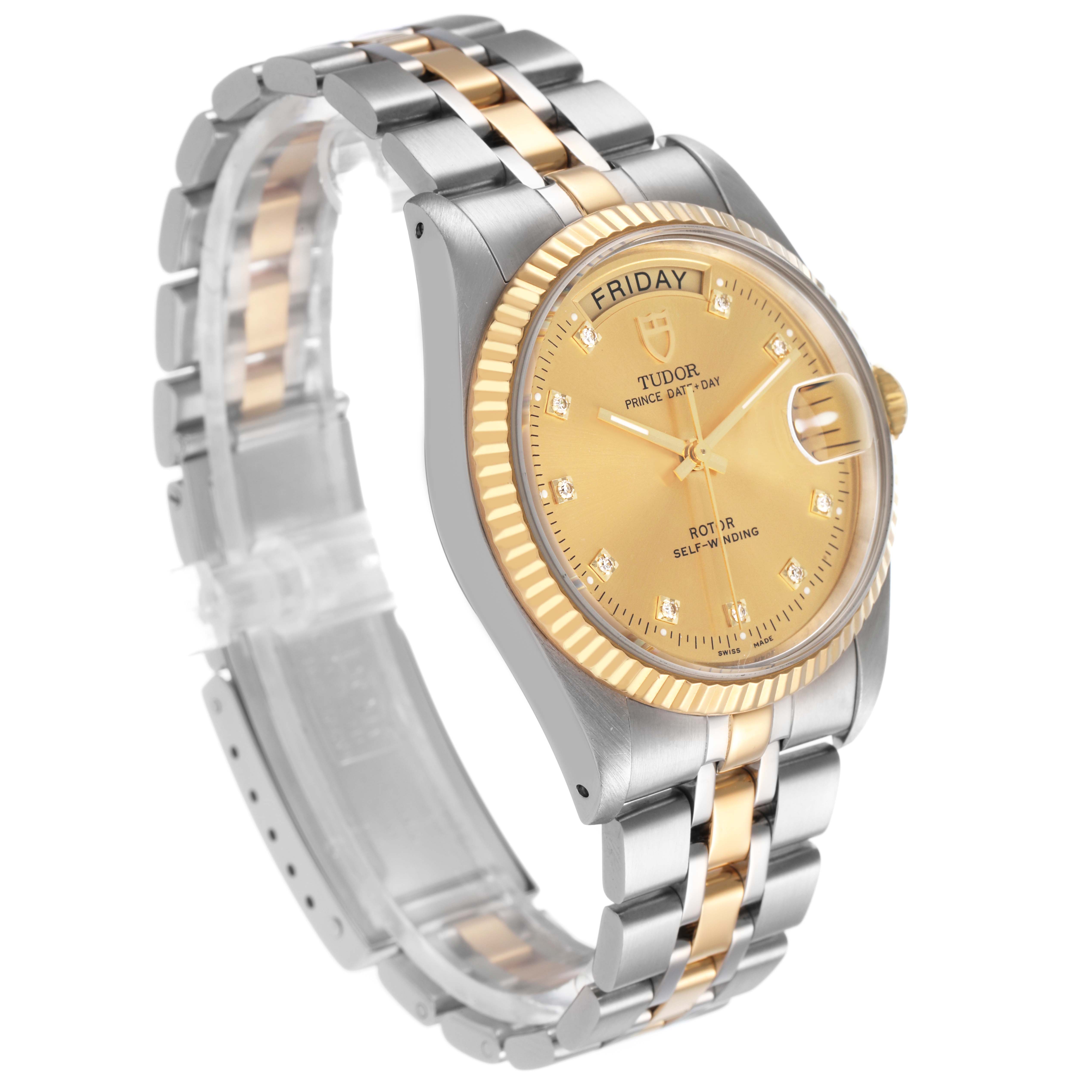The Tudor Prince 76213 Men's Stainless Steel Champagne Dial watch is shown at a three-quarter angle, highlighting its gold-tone dial, fluted bezel, and two-tone bracelet.