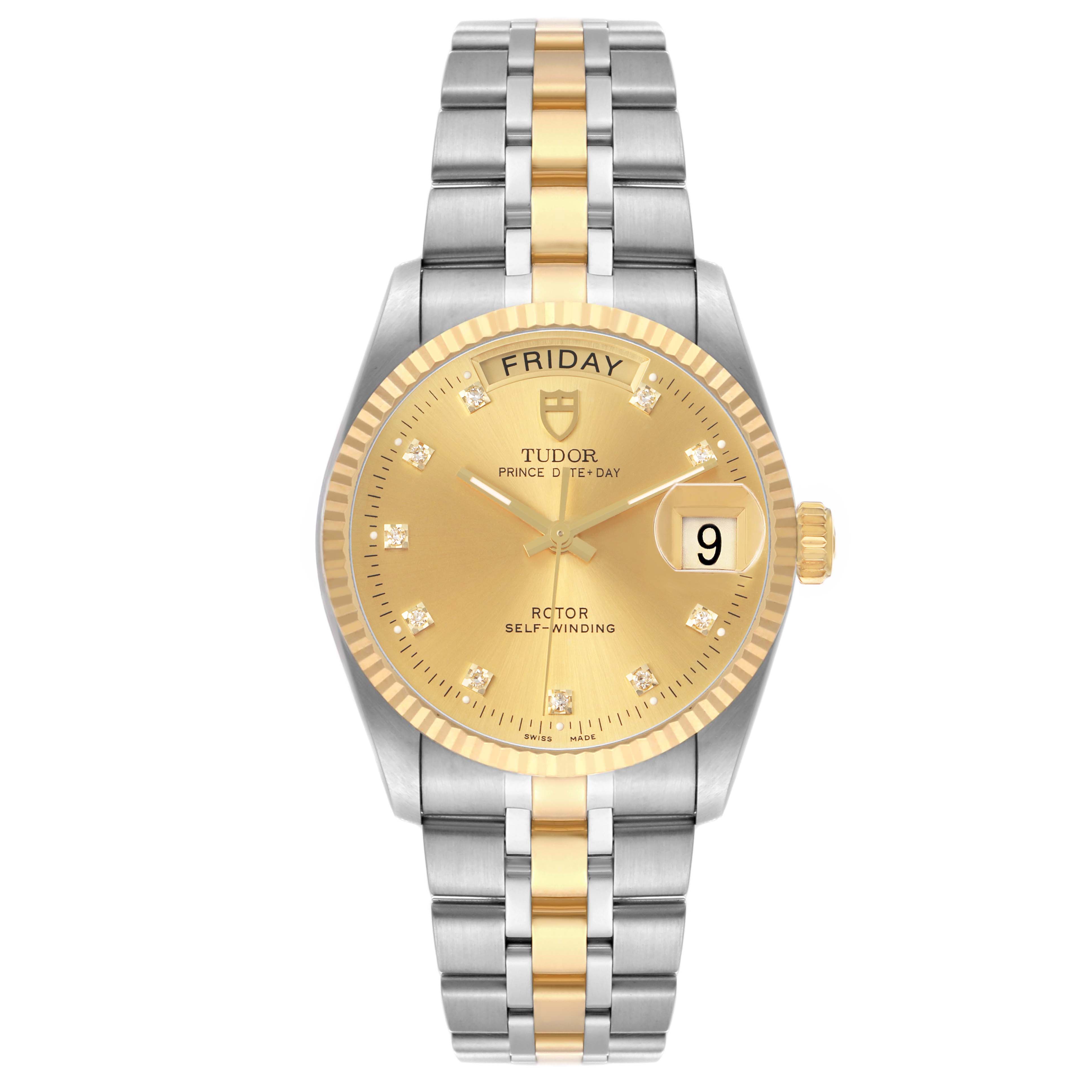 The Tudor Prince 76213 Men's Stainless Steel Champagne Dial model is shown from a front angle, highlighting its dial, bezel, case, and bracelet.