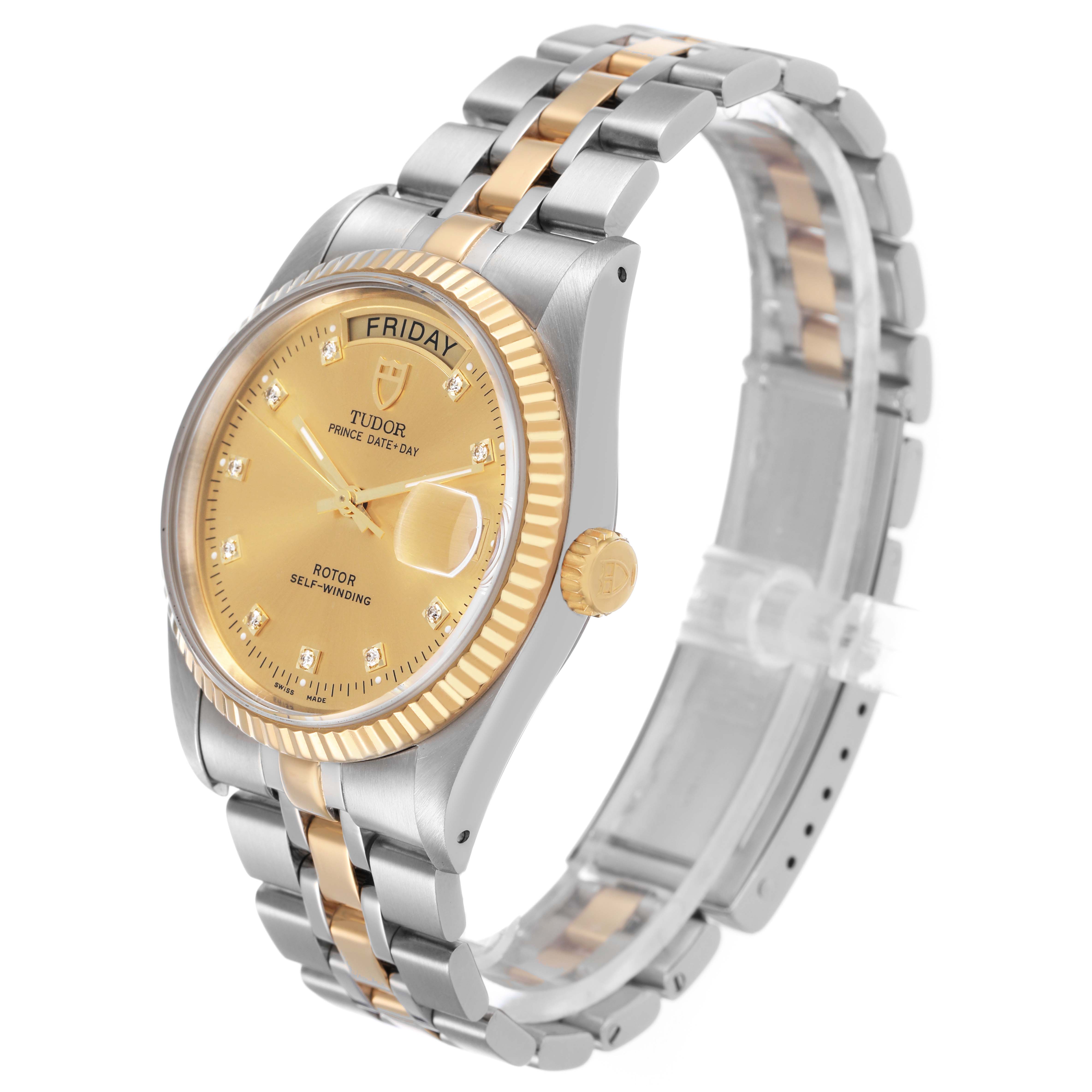 The Tudor Prince 76213 Men's Stainless Steel Champagne Dial model watch is shown at a three-quarter angle, highlighting the face, bracelet, and crown.