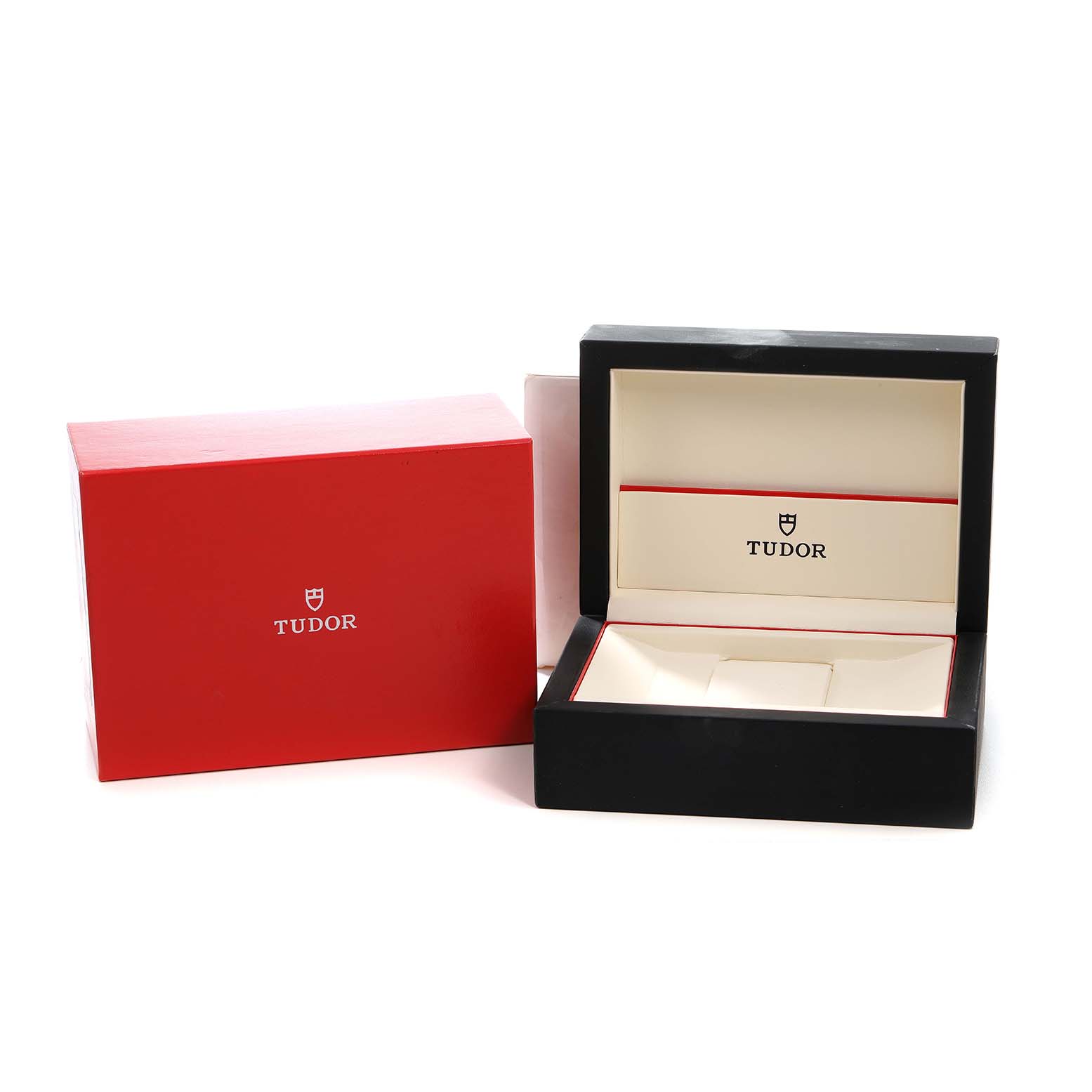 The image shows the Tudor Prince 76213 Men's Stainless Steel Champagne Dial watch box set, featuring an open inner box and a closed red outer box.