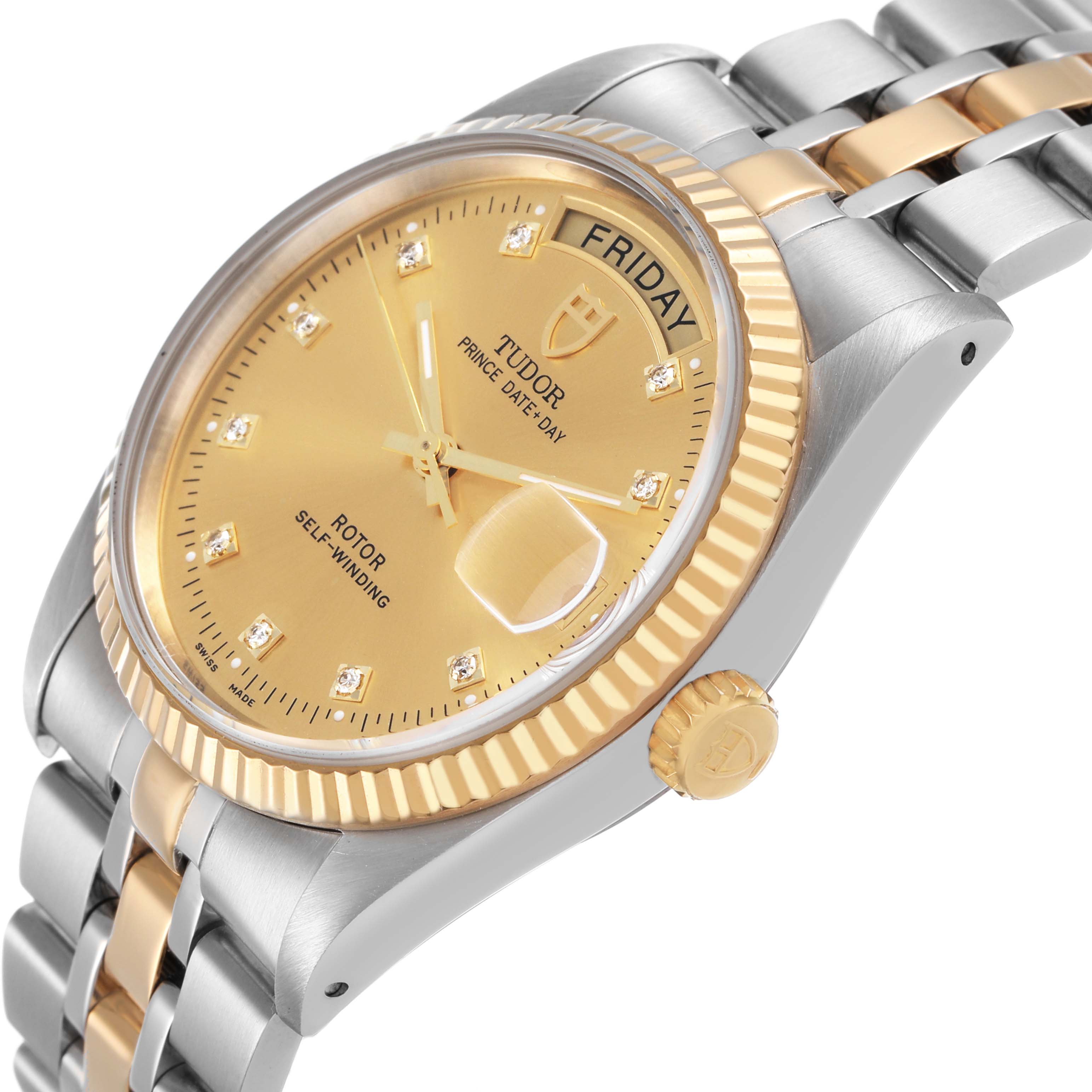 The Tudor Prince 76213 Men's Stainless Steel Champagne Dial model is shown at an angled side view, highlighting the dial, crown, and two-tone bracelet.