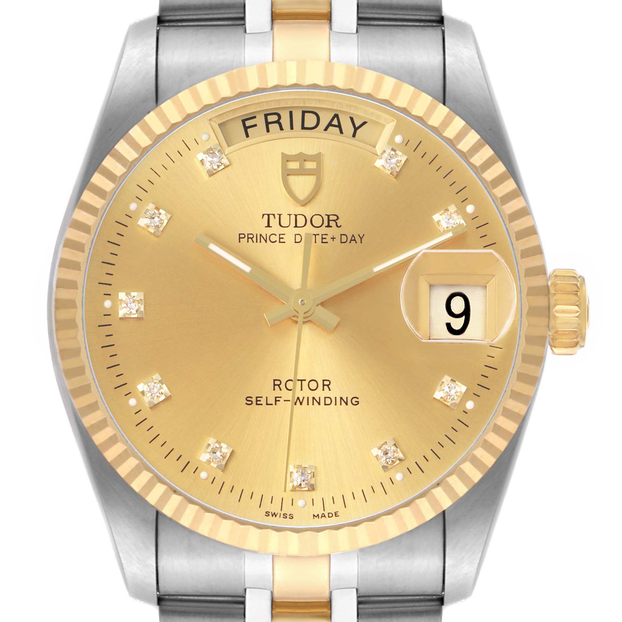 The Tudor Prince 76213 Men's Stainless Steel Champagne Dial watch is shown from the front, displaying the gold dial, day and date windows, and fluted bezel.