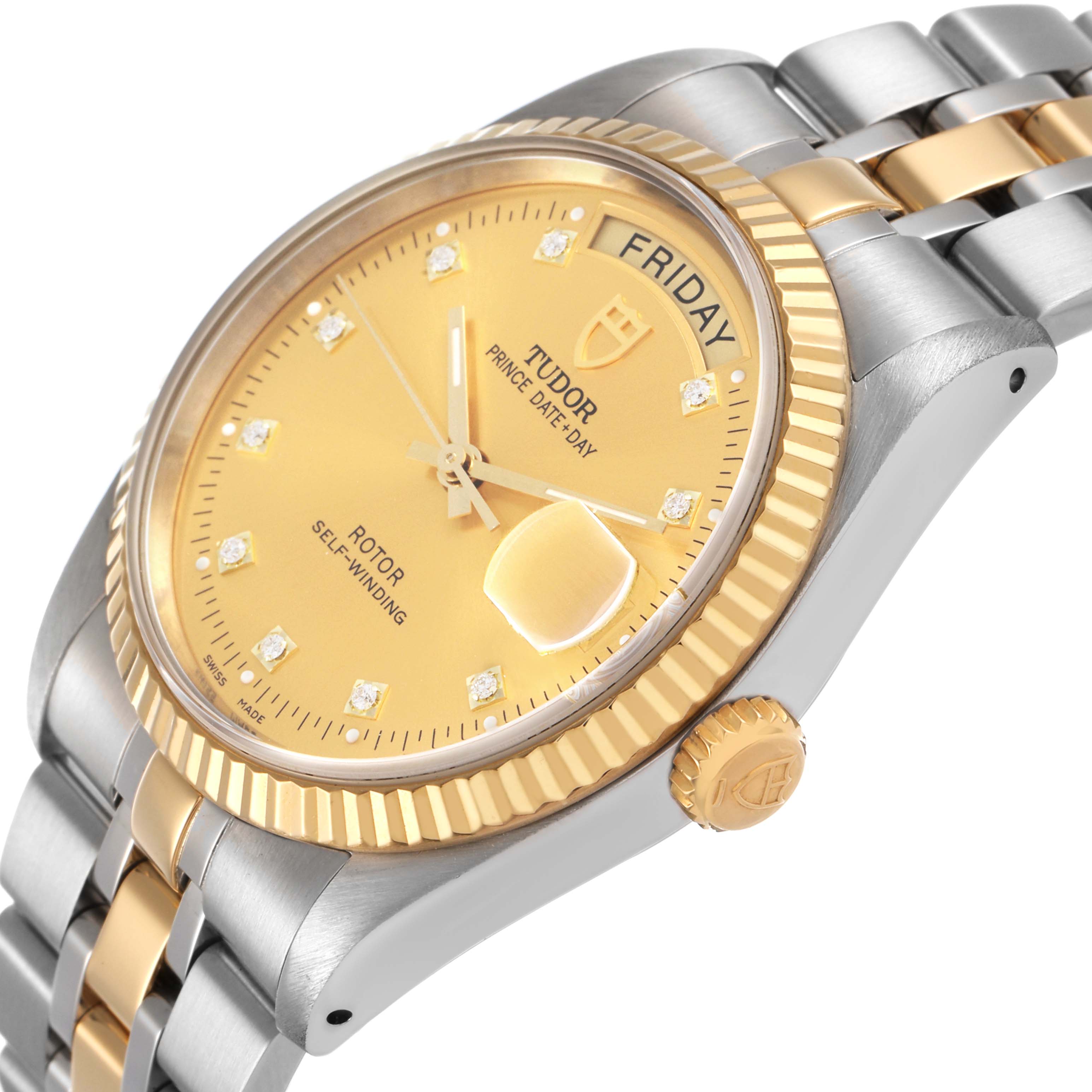 The Tudor Prince 76213 Men's Stainless Steel Champagne Dial watch is shown at an angled side view, highlighting the gold dial, two-tone bracelet, and fluted bezel.