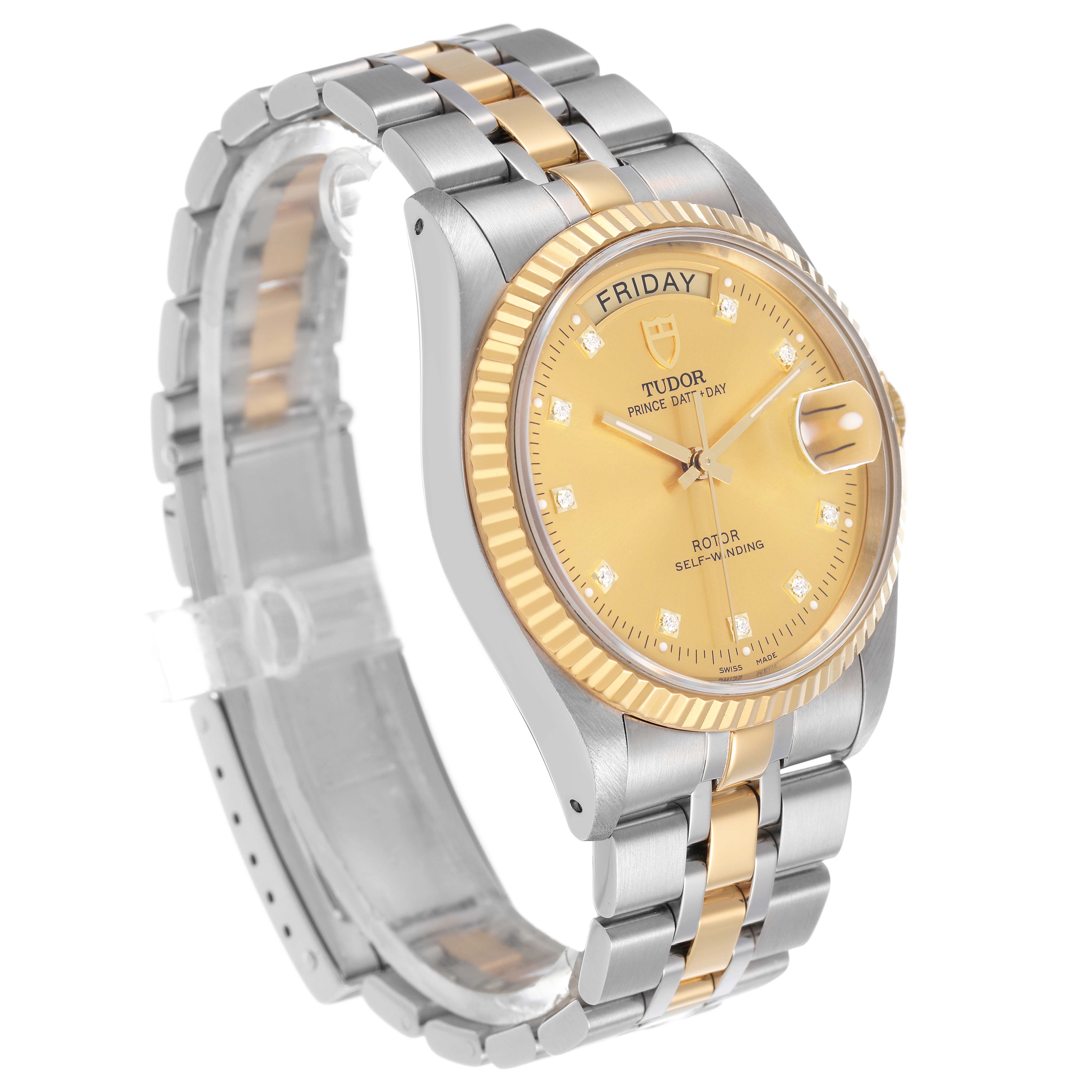 The Tudor Prince 76213 Men's Stainless Steel Champagne Dial model watch is shown at a three-quarter angle, highlighting the dial, bezel, and bracelet.
