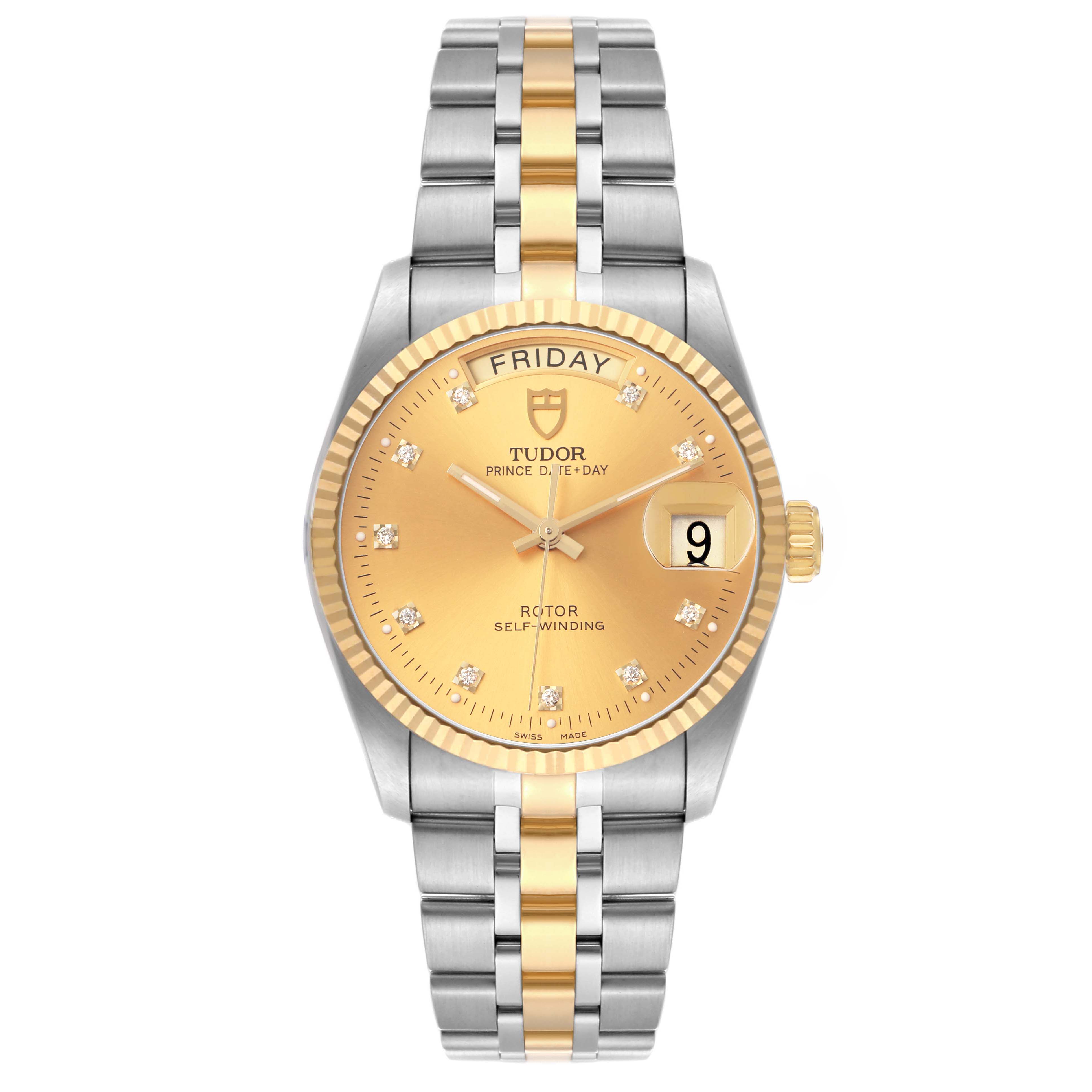 The Tudor Prince 76213 Men's Stainless Steel Champagne Dial watch is shown from the front, highlighting the gold dial, two-tone bracelet, day, and date features.