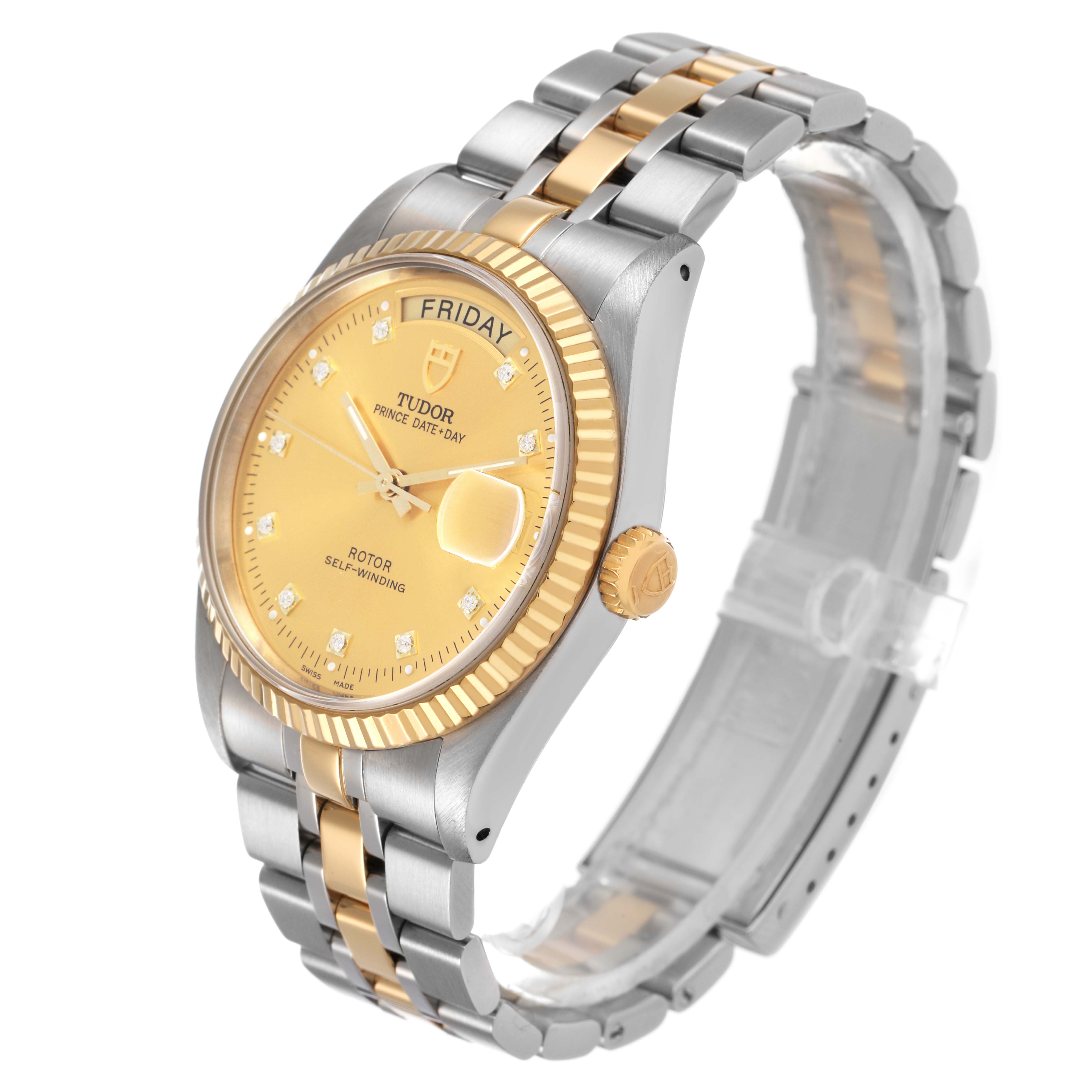 The Tudor Prince 76213 Men's Stainless Steel Champagne Dial watch is shown at an angle highlighting the face, dial, crown, and the two-tone bracelet.