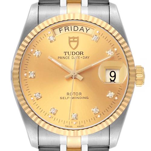 The Tudor Prince 76213 Men's Stainless Steel Champagne Dial watch is shown from the front, highlighting its gold dial, day-date display, and diamond hour markers.
