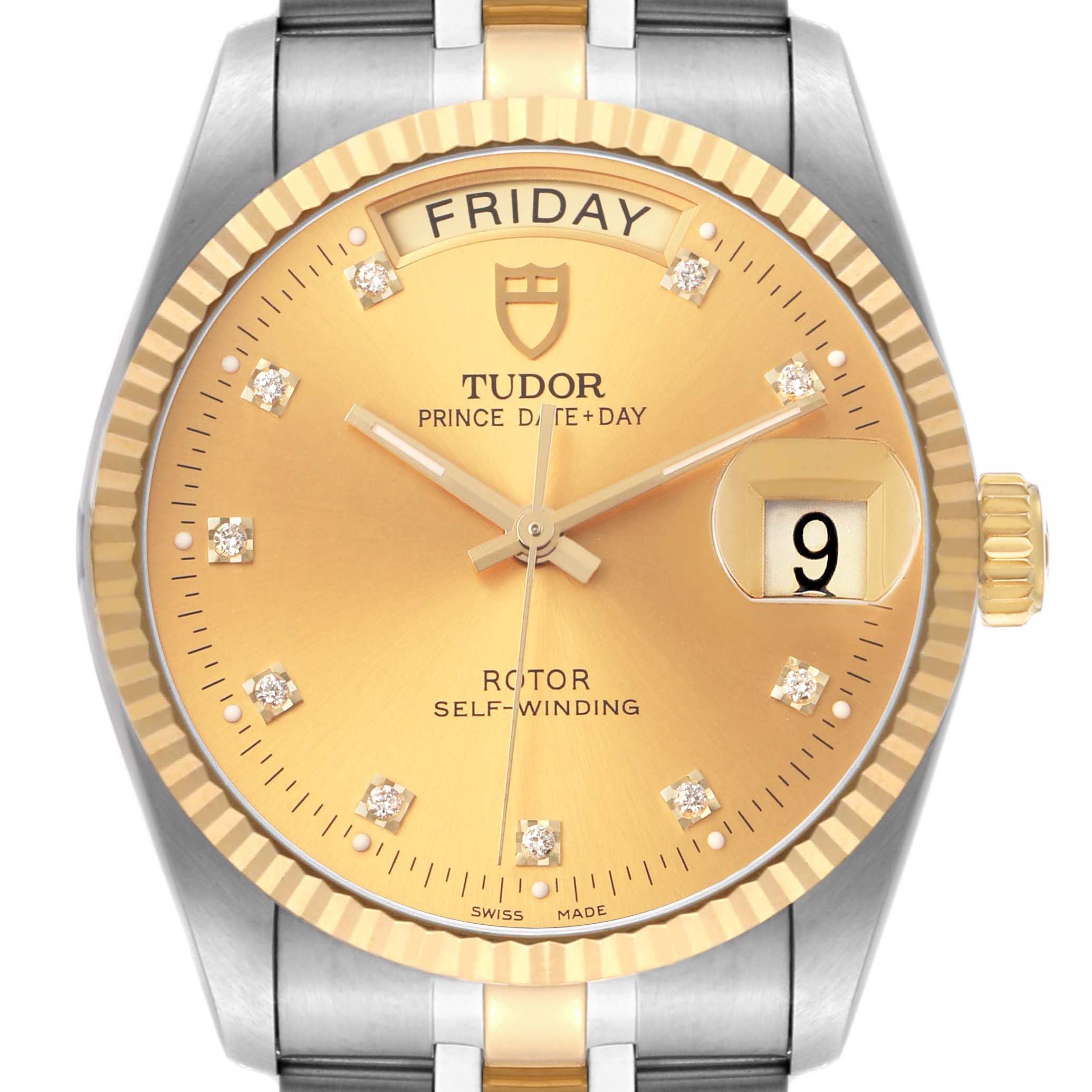 The image shows a front view of a Tudor Prince 76213 Men's Stainless Steel Champagne Dial watch, displaying the gold dial, day-date windows, and diamond hour markers.