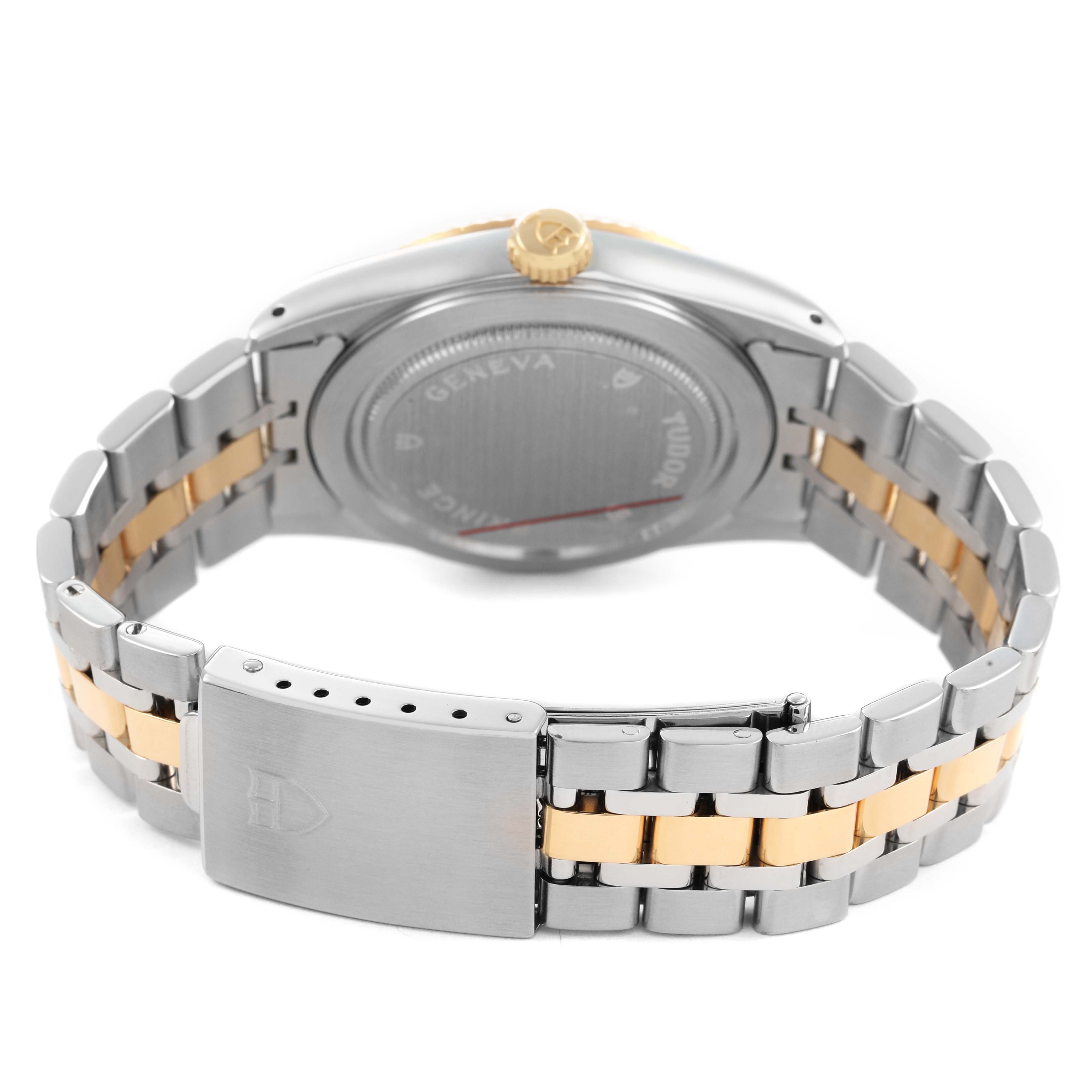 The image shows the back and bracelet of a Tudor Prince 76213 Men's Stainless Steel Champagne Dial watch, highlighting its two-tone metal and clasp.