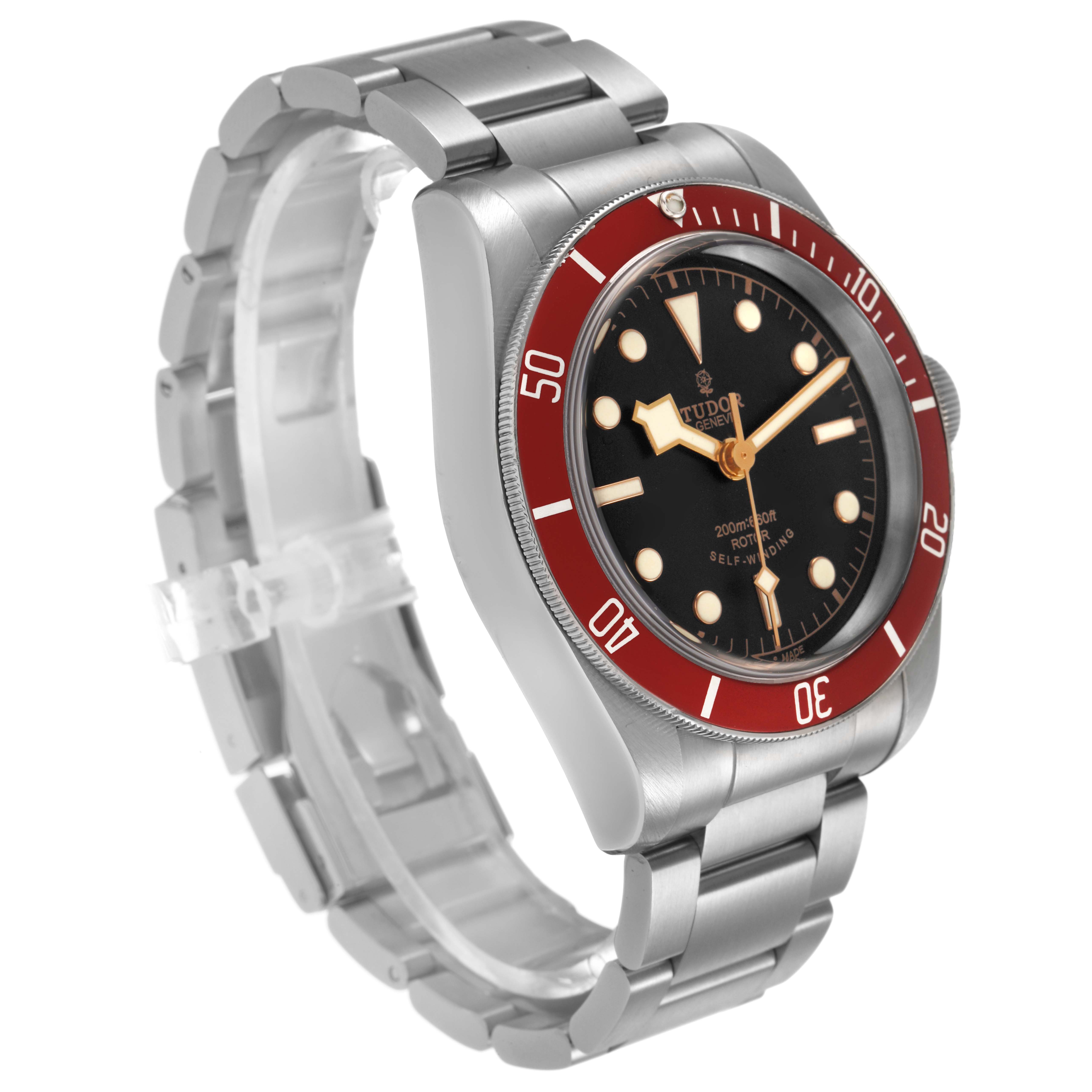 The Tudor Heritage Black Bay 79220R Men's Stainless Steel Black Dial watch is shown at a three-quarter angle, highlighting its bezel, dial, and bracelet.