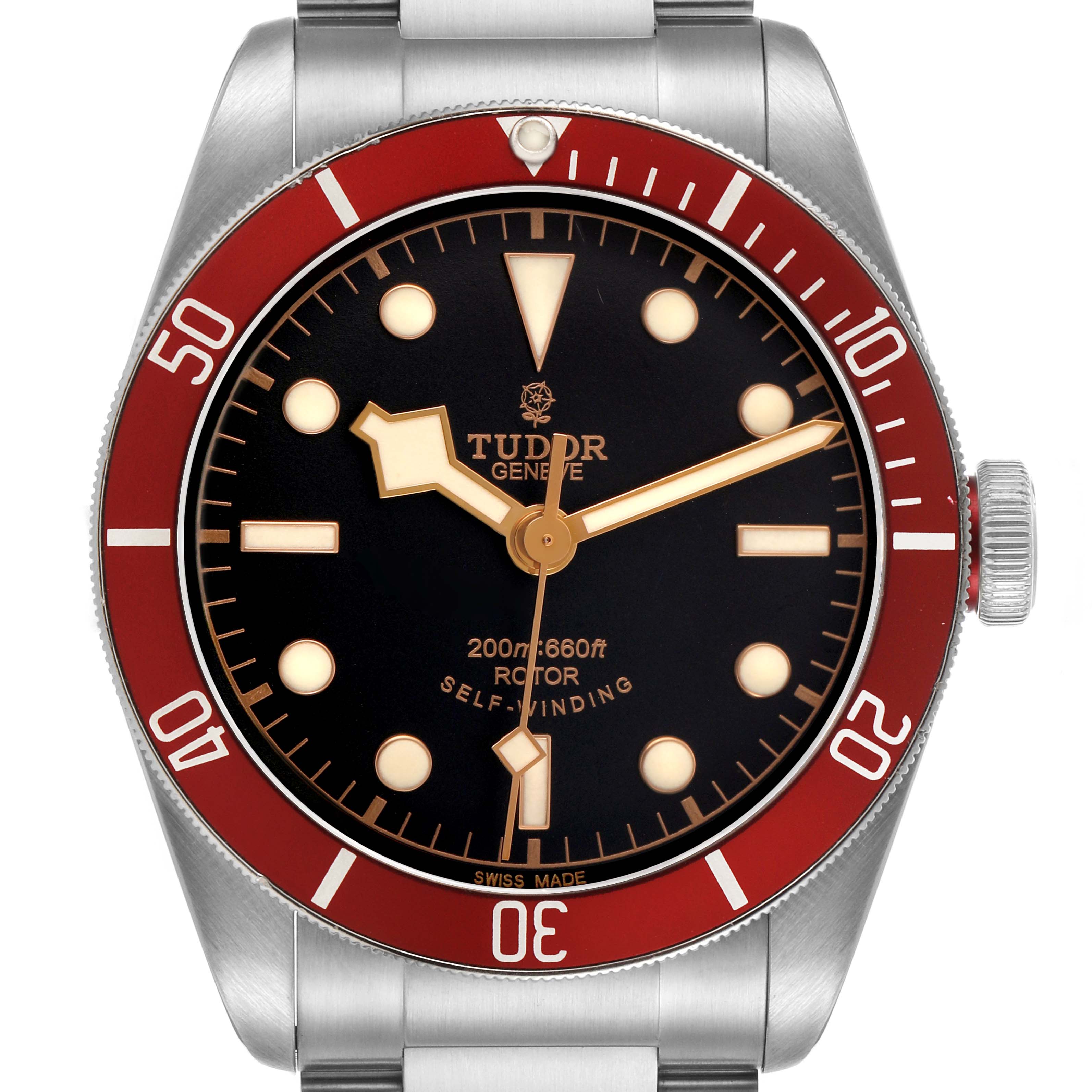 The Tudor Heritage Black Bay 79220R Men's Stainless Steel Black Dial watch is shown from the front, displaying its face, bezel, and crown.