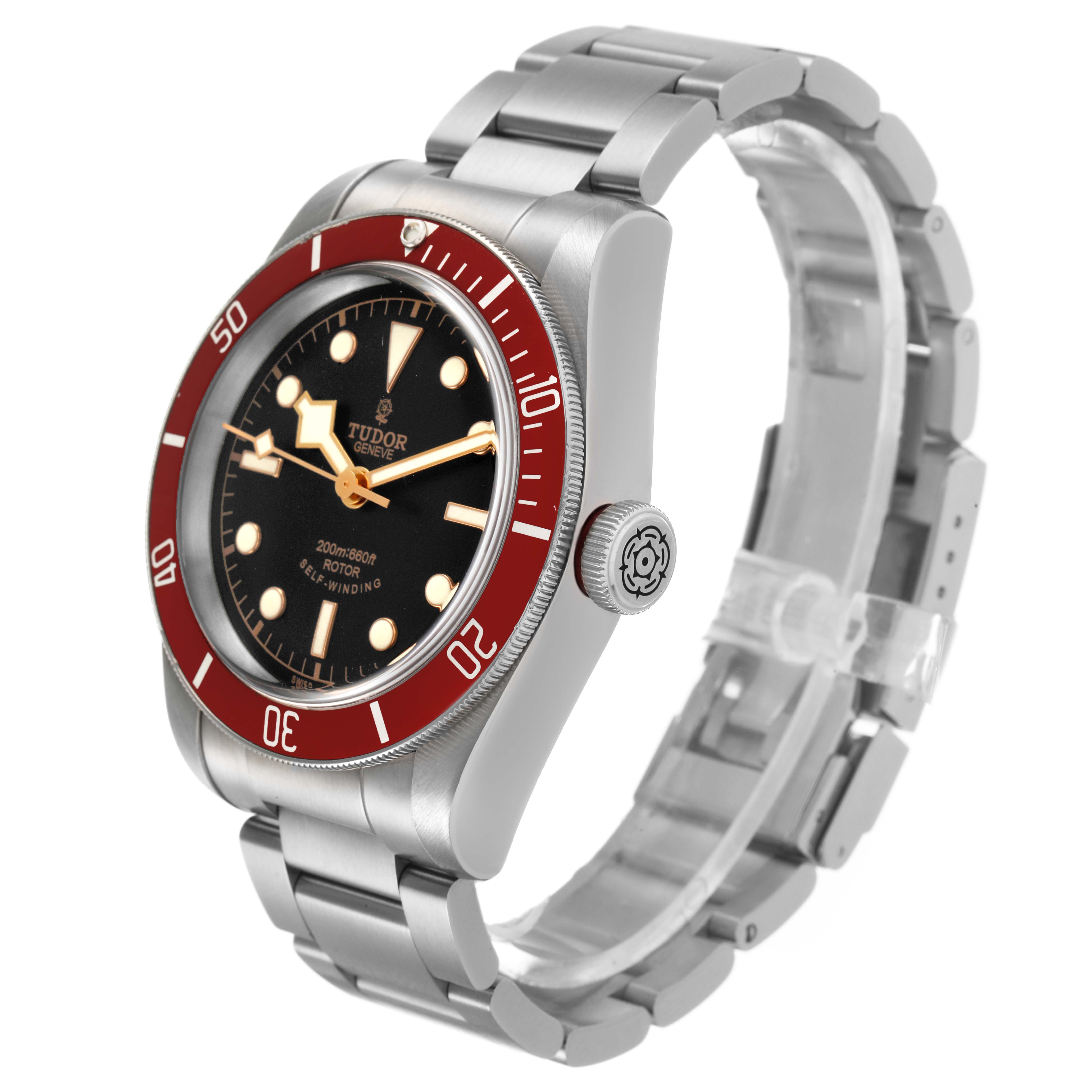The Tudor Heritage Black Bay 79220R Men's Stainless Steel Black Dial watch is shown at a three-quarter angle, highlighting the dial, bezel, crown, and bracelet.