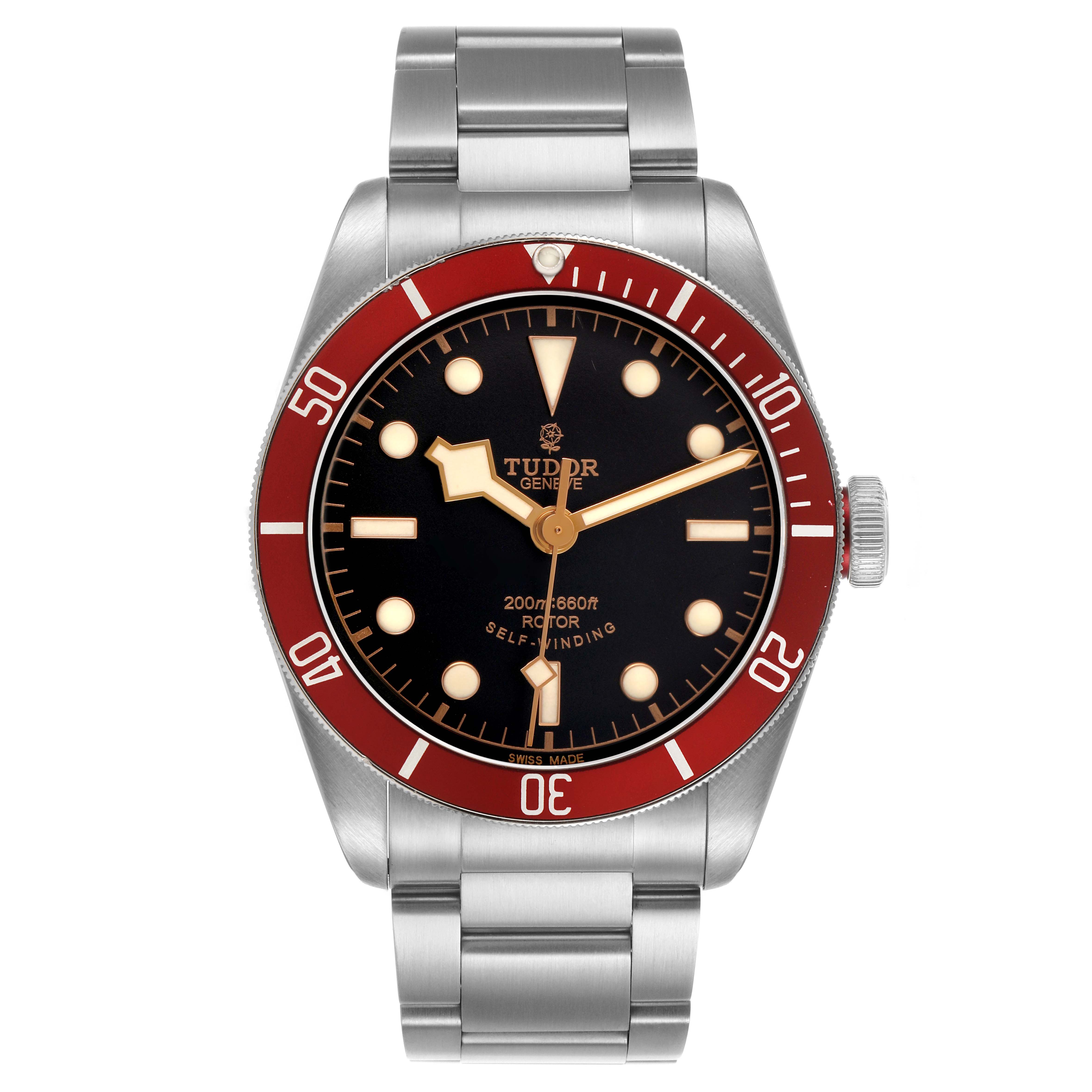 The Tudor Heritage Black Bay 79220R Men's Stainless Steel Black Dial watch is shown front-on, displaying its face, bezel, bracelet, and crown.