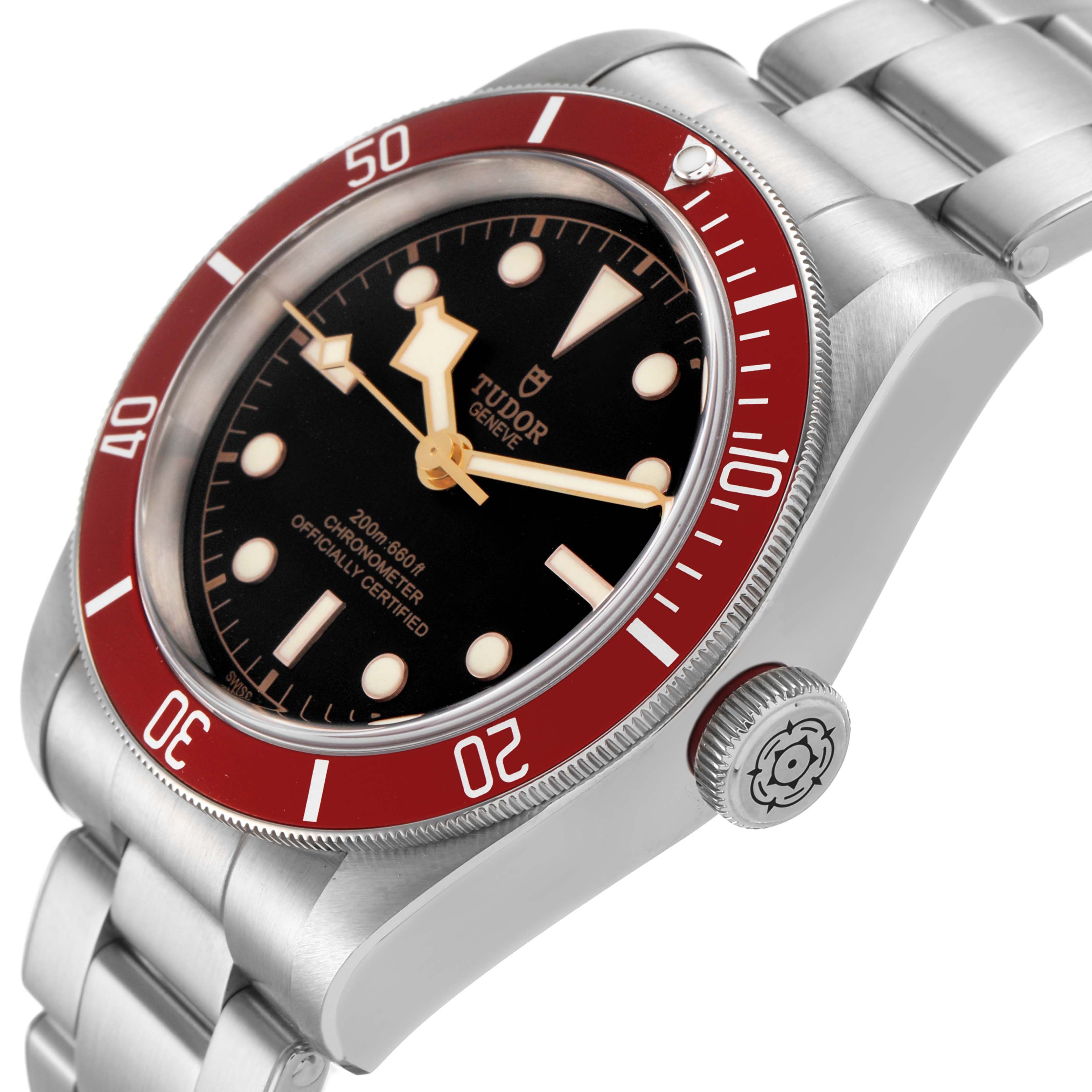 The Tudor Heritage Black Bay 79230R Men's Stainless Steel Black Dial watch is shown from a diagonal angle displaying the dial, bezel, crown, and bracelet.
