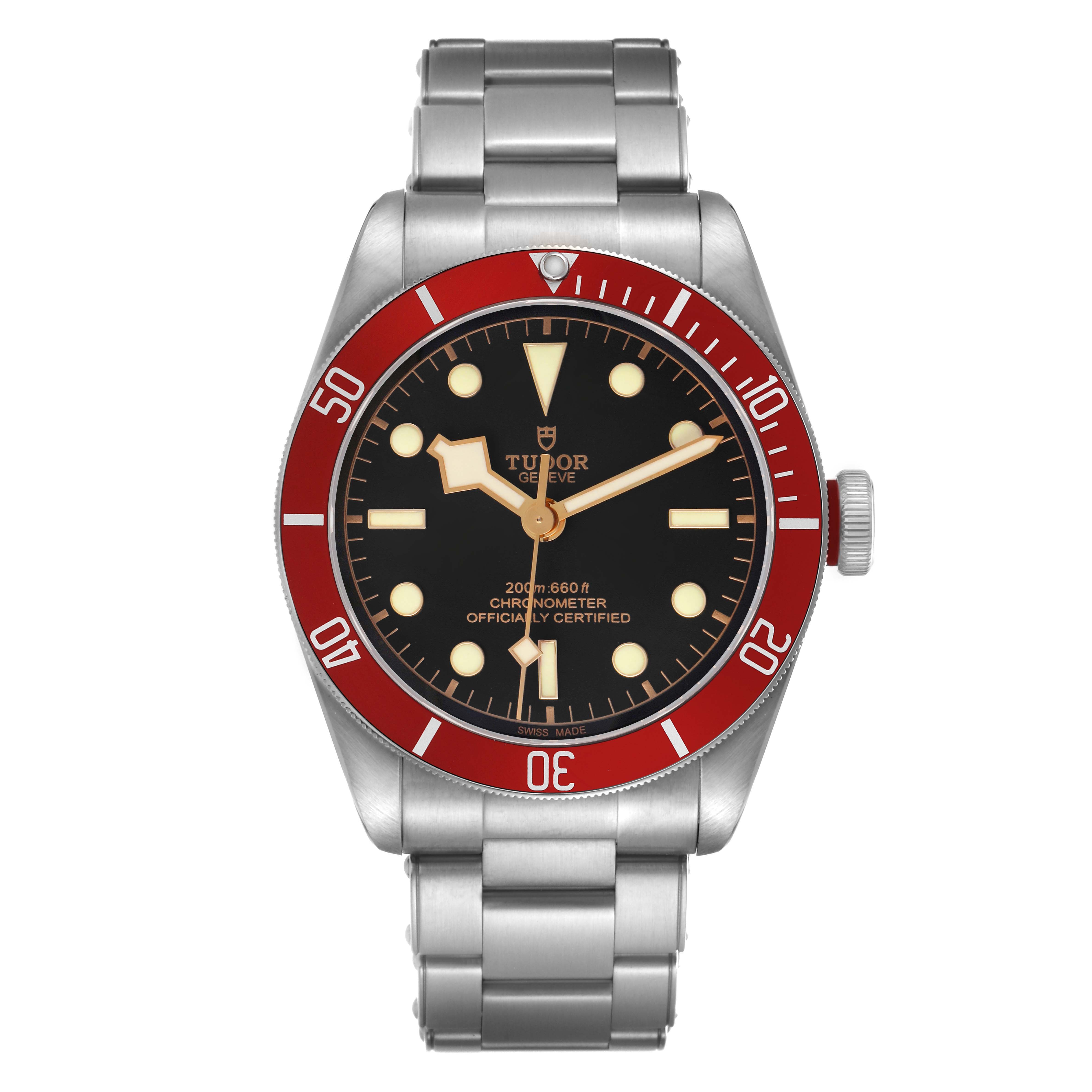 The Tudor Heritage Black Bay 79230R Men's Stainless Steel Black Dial watch is shown from the front, displaying the face, bezel, crown, and stainless steel bracelet.