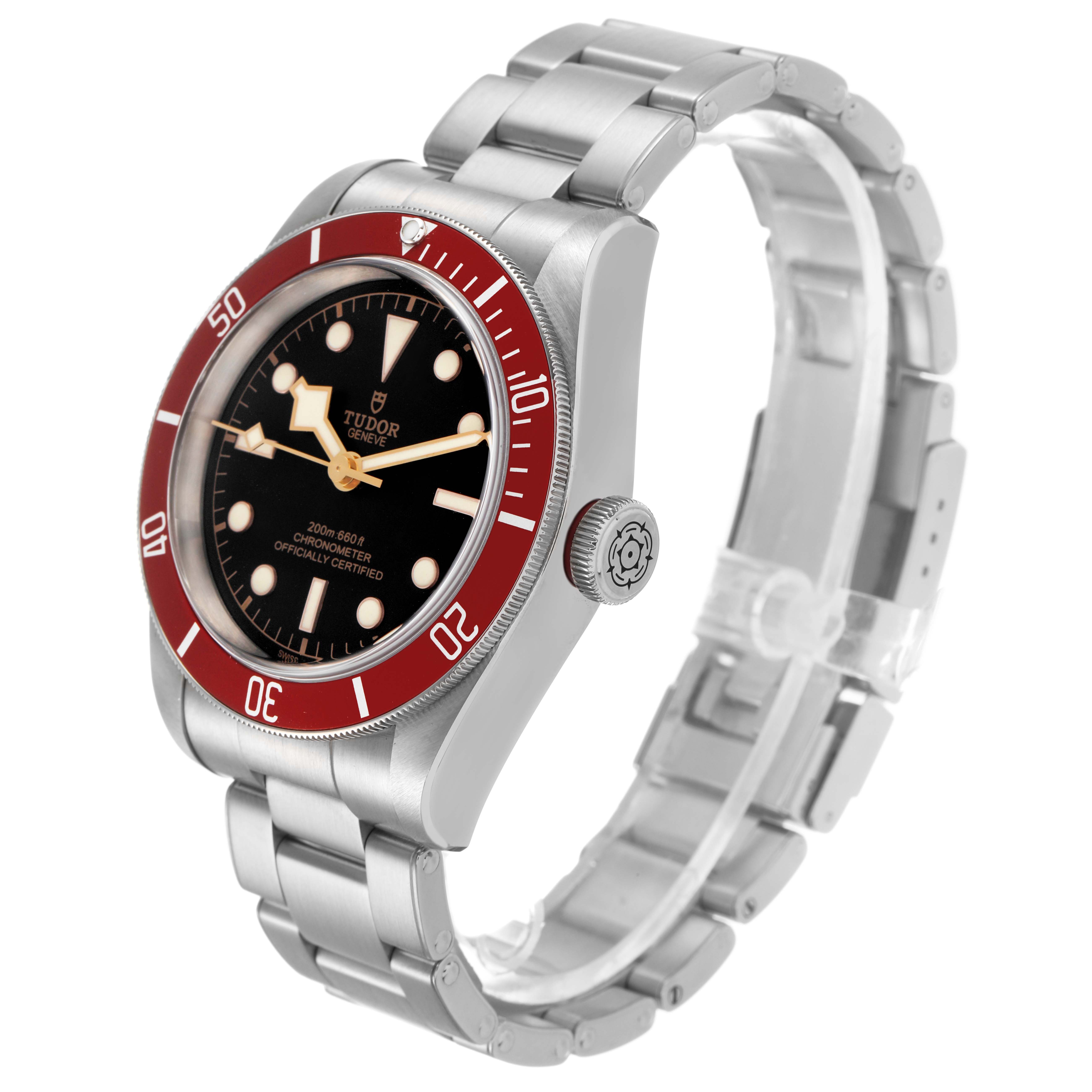 The Tudor Heritage Black Bay 79230R Men's Stainless Steel Black Dial watch is shown at an angled side view, displaying the dial, bezel, crown, and bracelet.