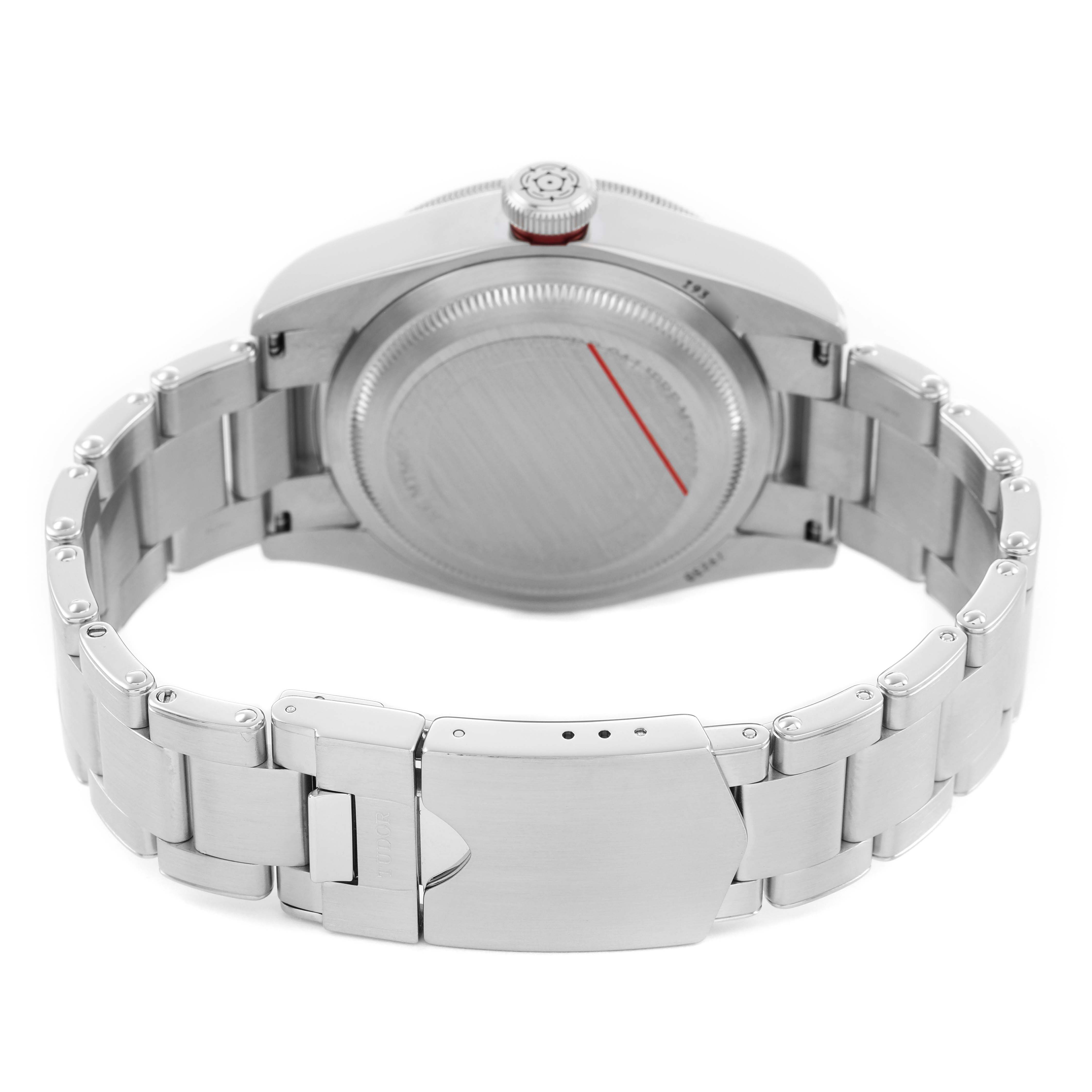 The image shows the back view of the Tudor Heritage Black Bay 79230R Men's Stainless Steel Black Dial watch, highlighting the case back, crown, and bracelet clasp.