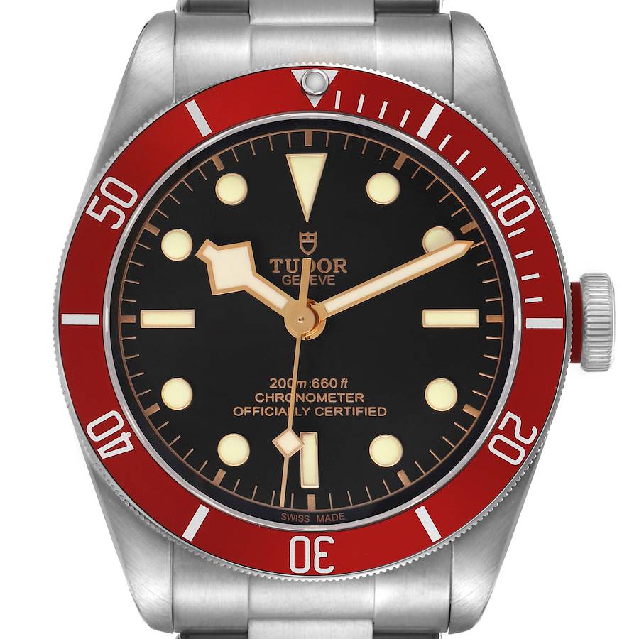 The Tudor Heritage Black Bay 79230R Men's Stainless Steel Black Dial watch is shown from the front, highlighting its face, bezel, and crown.