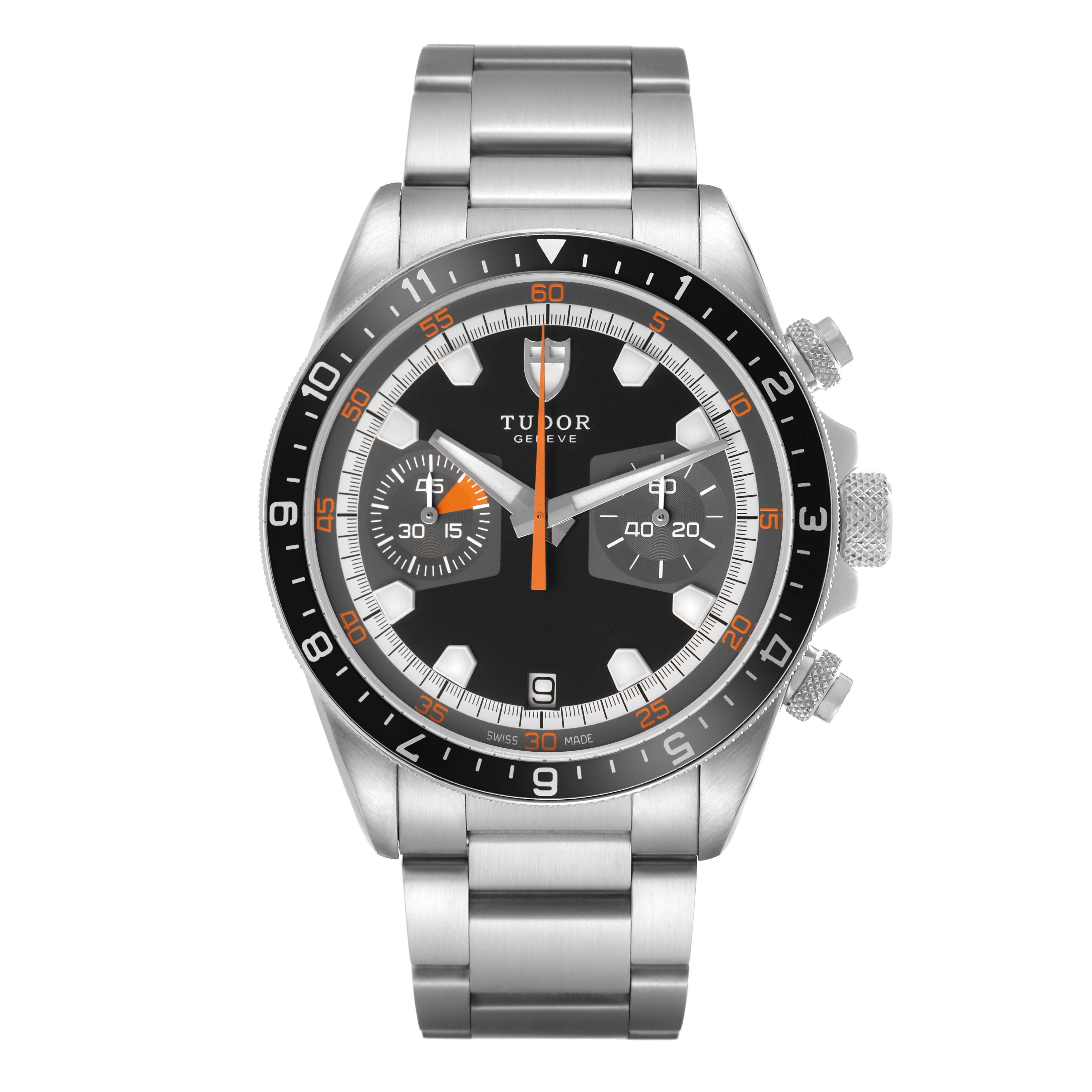 The Tudor Heritage Chrono 70330N Men's Stainless Steel Black Dial watch is shown from a front angle, displaying its face, bezel, and bracelet.