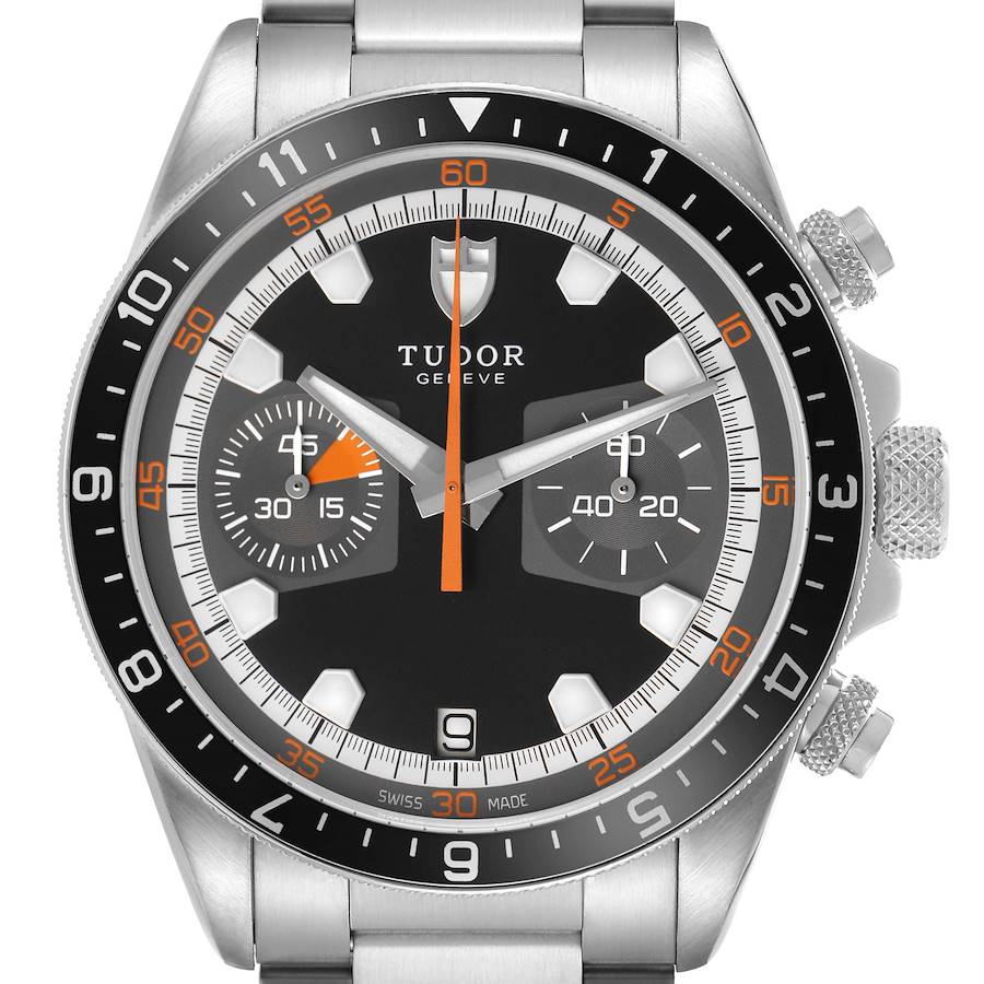 The Tudor Heritage Chrono 70330N Men's Stainless Steel Black Dial watch is shown from a straight-on angle, displaying its dial, bezel, pushers, and crown.