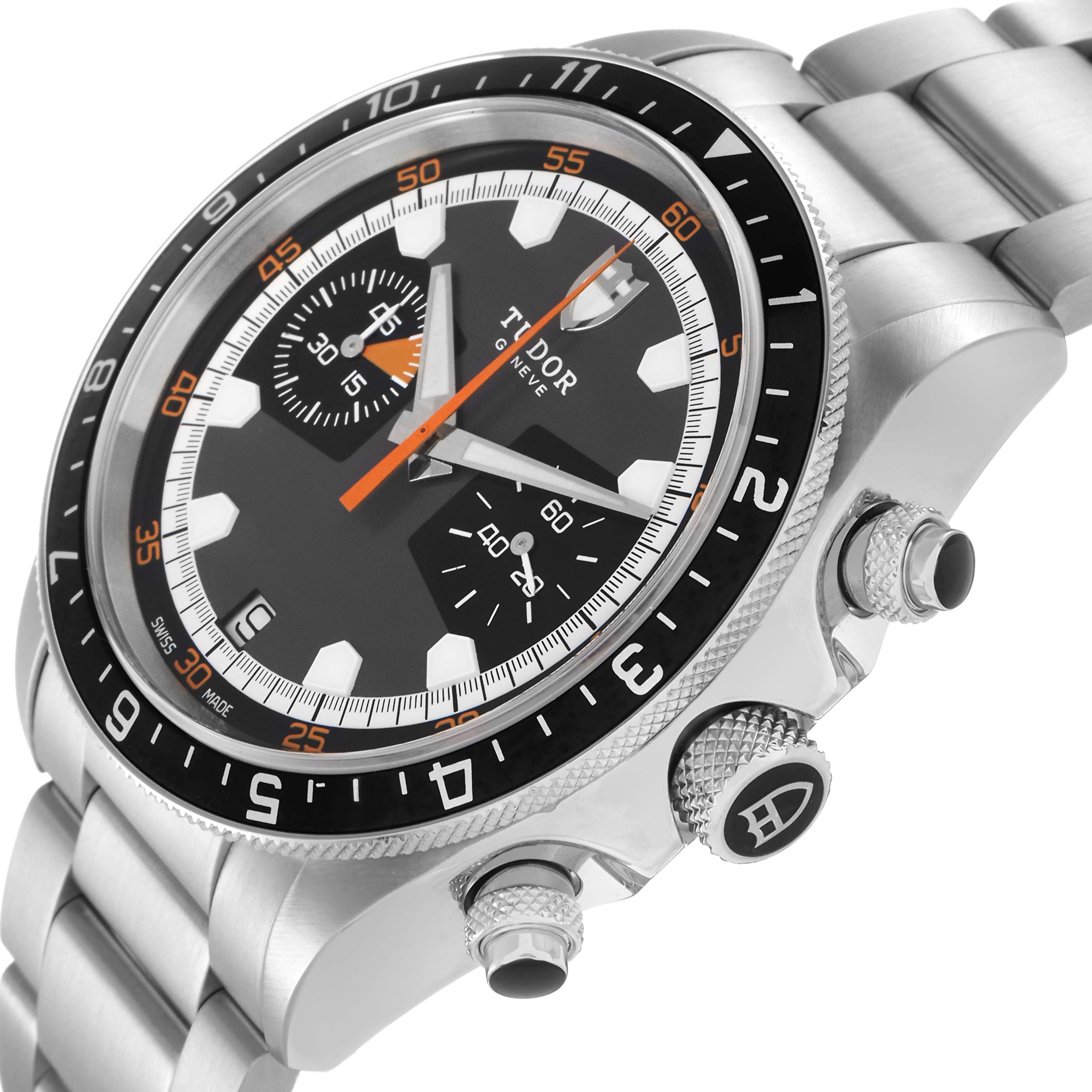 The image shows a close-up angle of the Tudor Heritage Chrono 70330N-65740 Men
s Stainless Steel Grey Dial 70330N-65740 Men
s Stainless Steel Grey Dial watch, highlighting the dial, bezel, and side buttons.