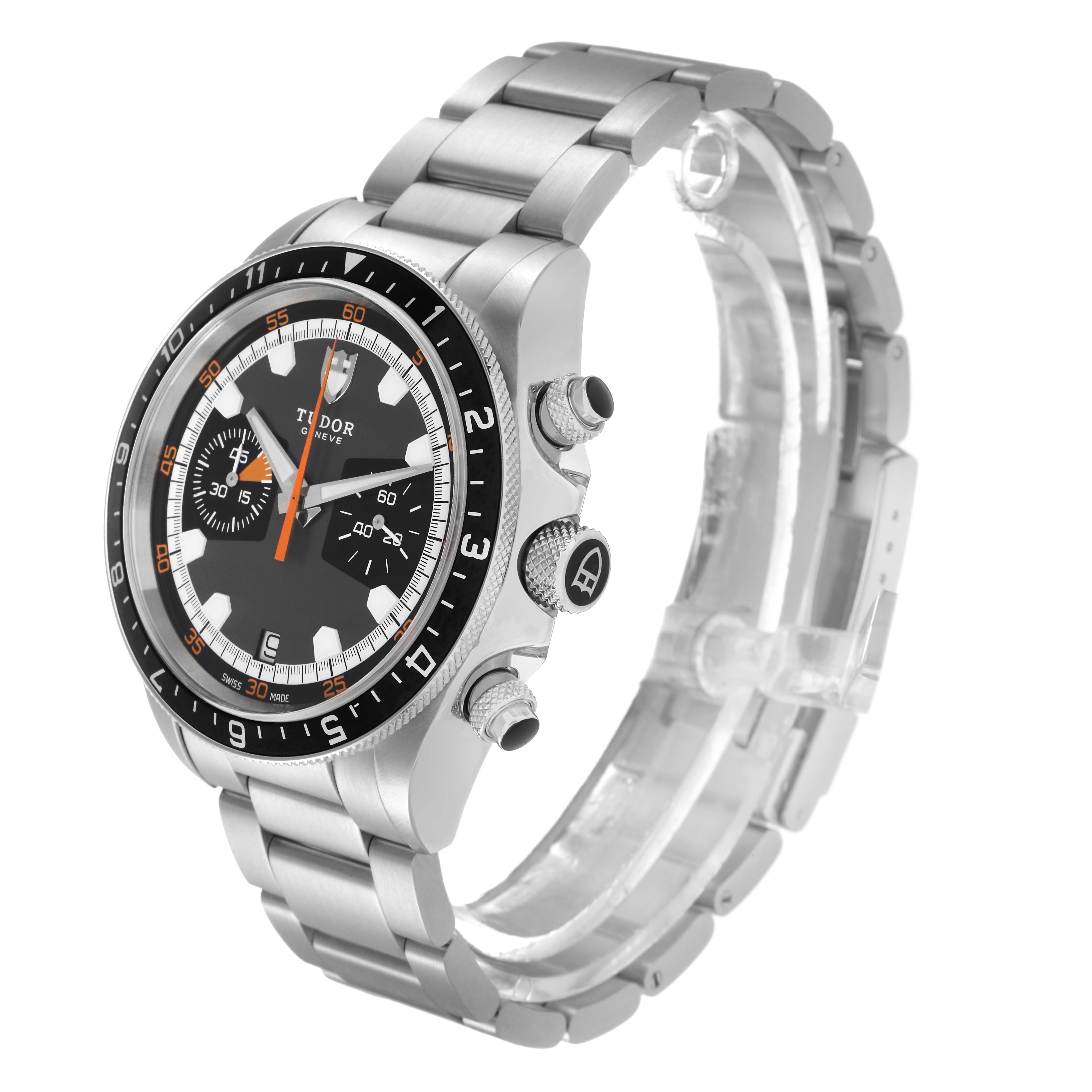 The Tudor Heritage Chrono 70330N-65740 Men
s Stainless Steel Grey Dial 70330N-65740 Men
s Stainless Steel Grey Dial watch is shown at a three-quarter angle, displaying the face, bezel, crown, and bracelet.