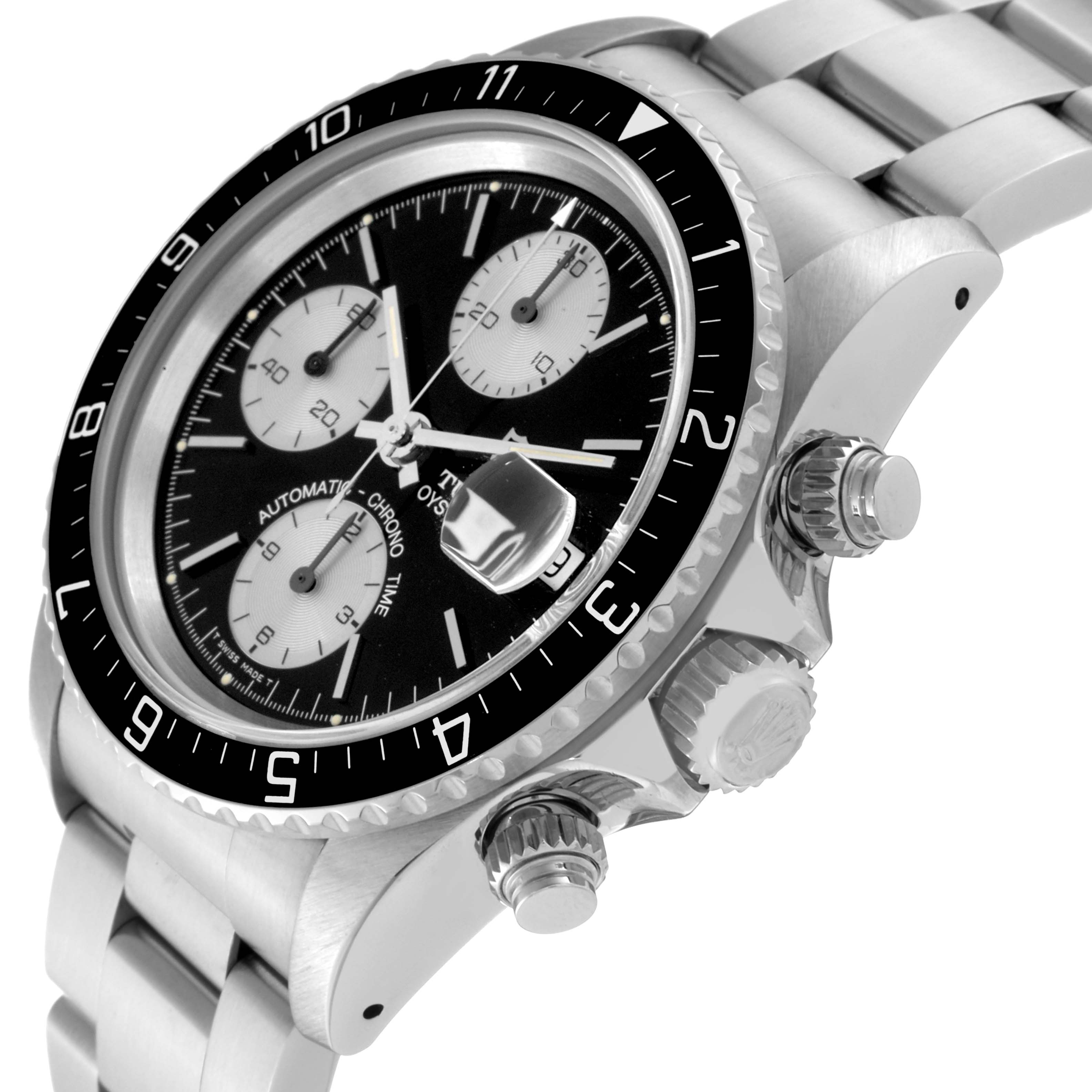 The image shows a close-up of the Tudor Prince 79270 Men's Stainless Steel Black Dial 79270 Men's Stainless Steel Black Dial model watch at an angled view, highlighting its bezel, dial, pushers, and stainless steel bracelet.