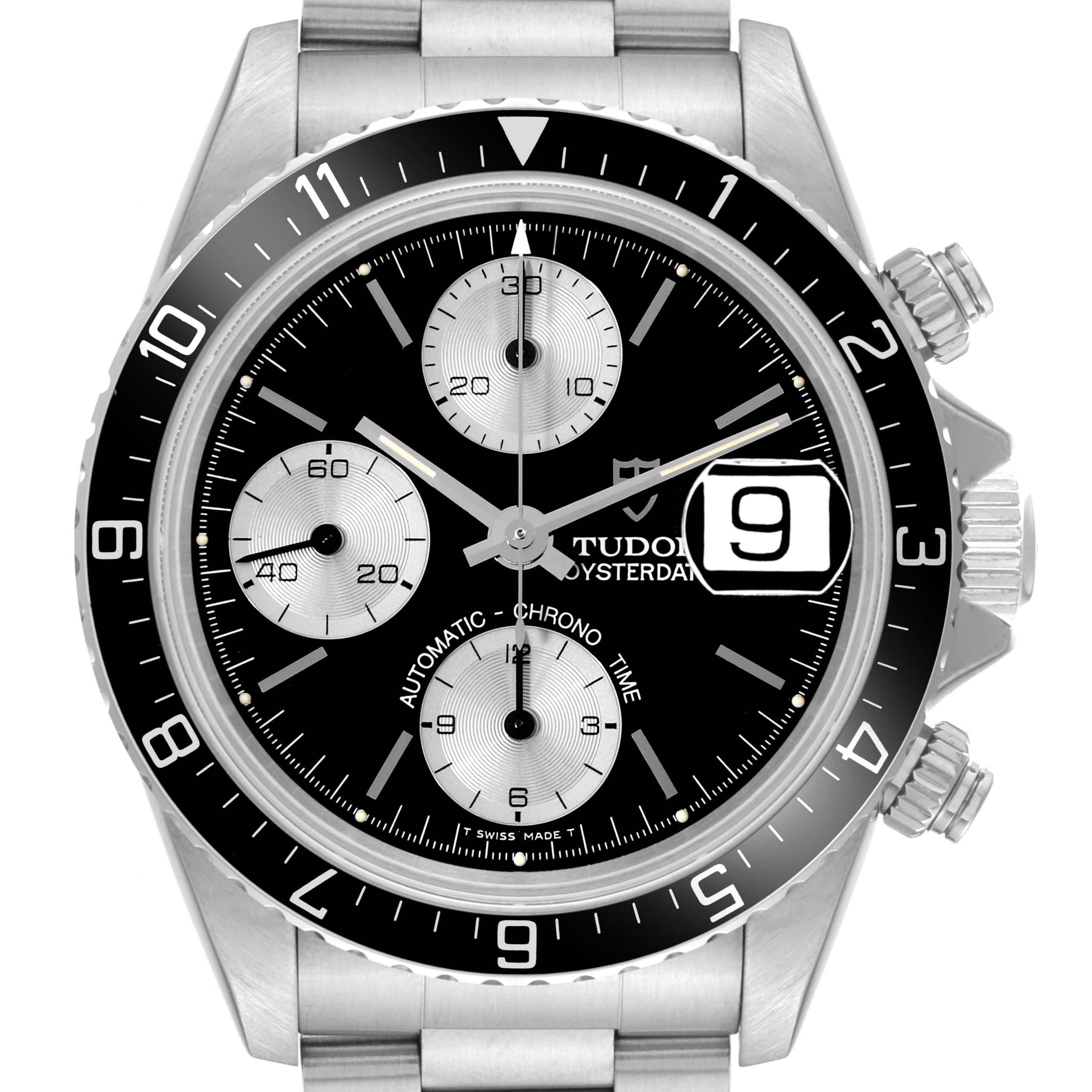 This image shows a front view of the Tudor Prince 79270 Men's Stainless Steel Black Dial 79270 Men's Stainless Steel Black Dial model watch, highlighting its dial, subdials, date window, and bezel.