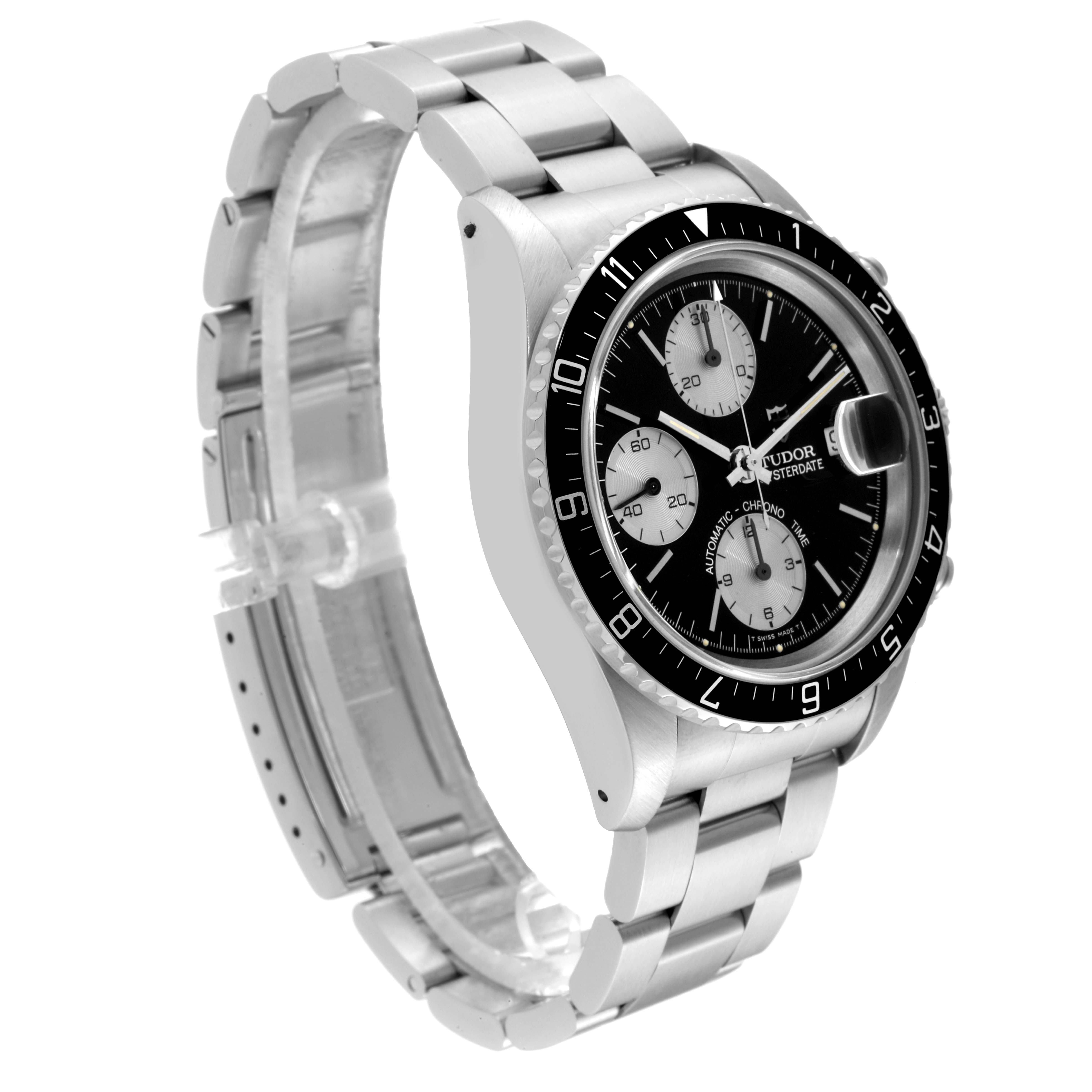 This is a side angle view of a Tudor Prince 79270 Men's Stainless Steel Black Dial 79270 Men's Stainless Steel Black Dial watch showing the bracelet, case, bezel, and dial.