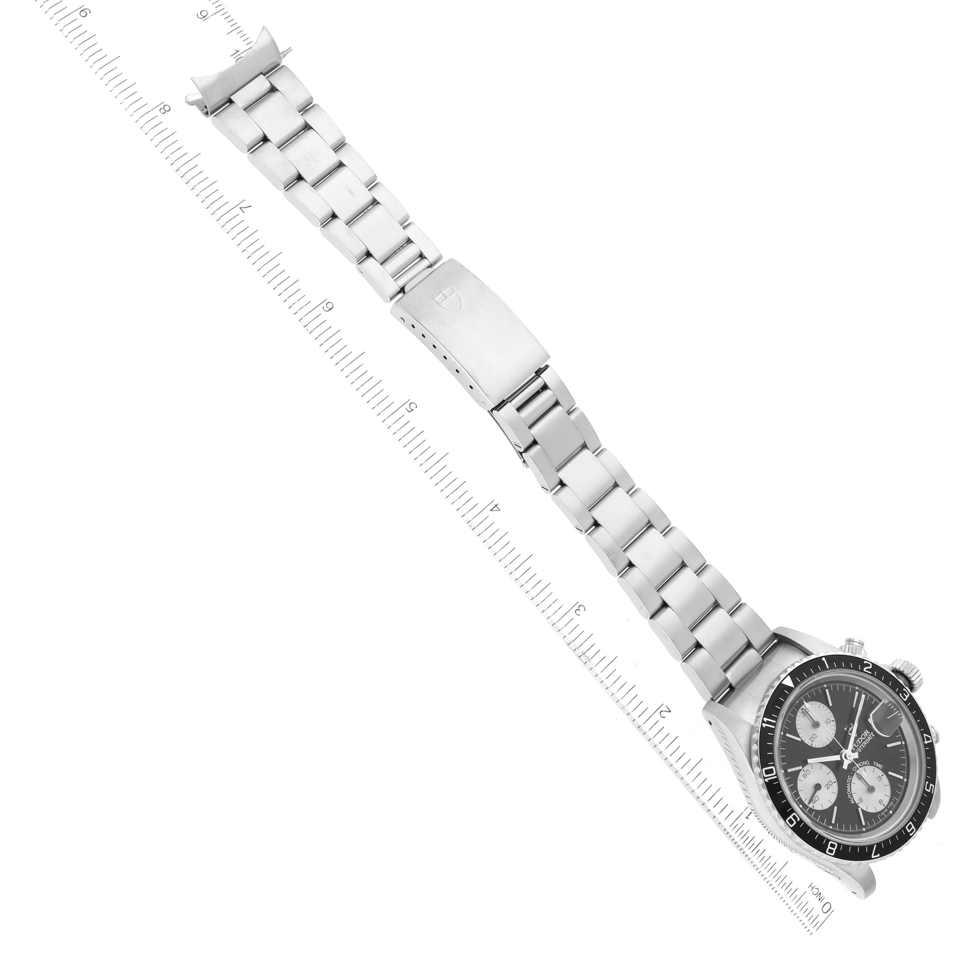 This image shows a Tudor Prince 79270 Men's Stainless Steel Black Dial 79270 Men's Stainless Steel Black Dial model watch at a diagonal angle, highlighting its stainless steel bracelet and clasp.