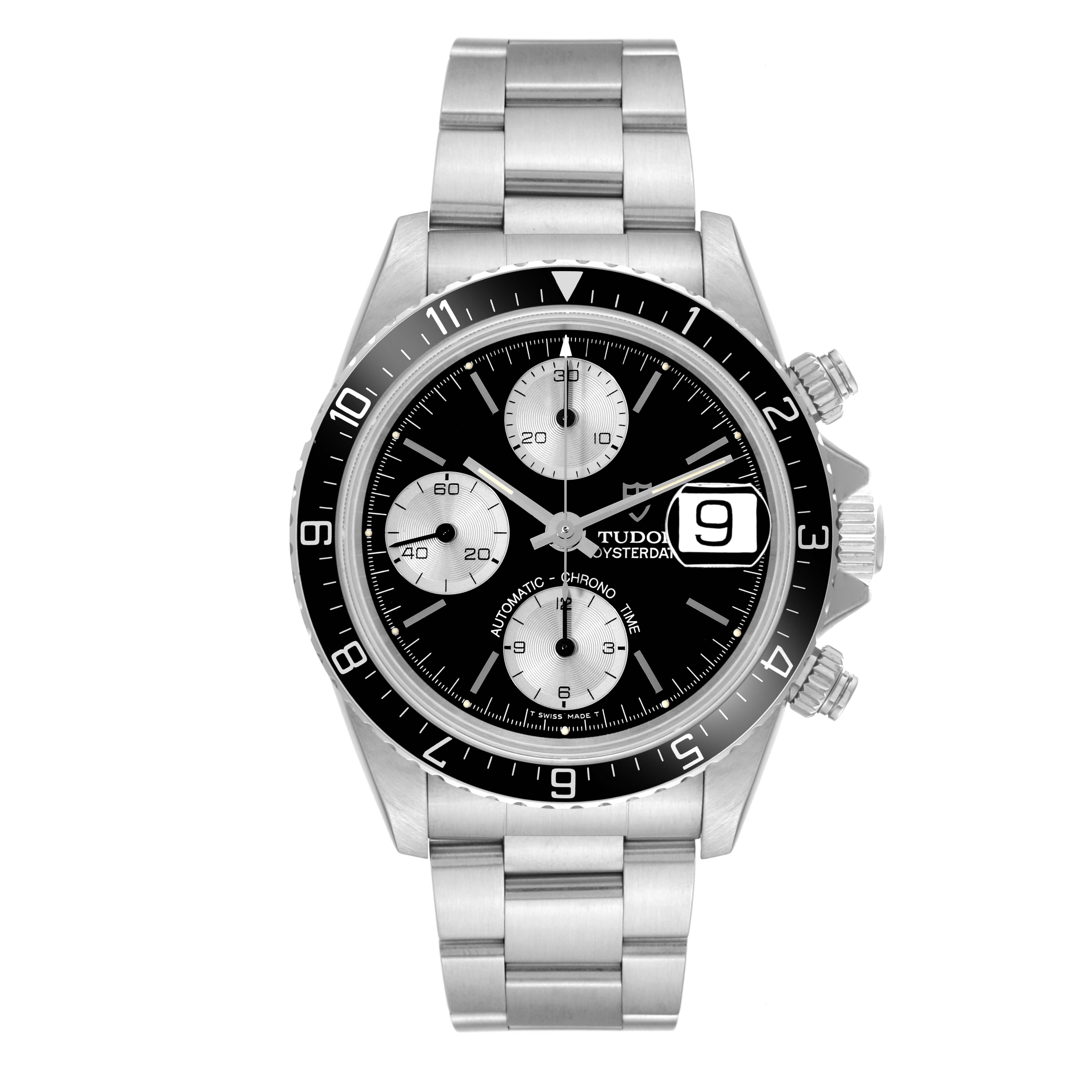 The image shows a Tudor Prince 79270 Men's Stainless Steel Black Dial 79270 Men's Stainless Steel Black Dial model watch from the front, highlighting its bezel, dial, subdials, and bracelet.