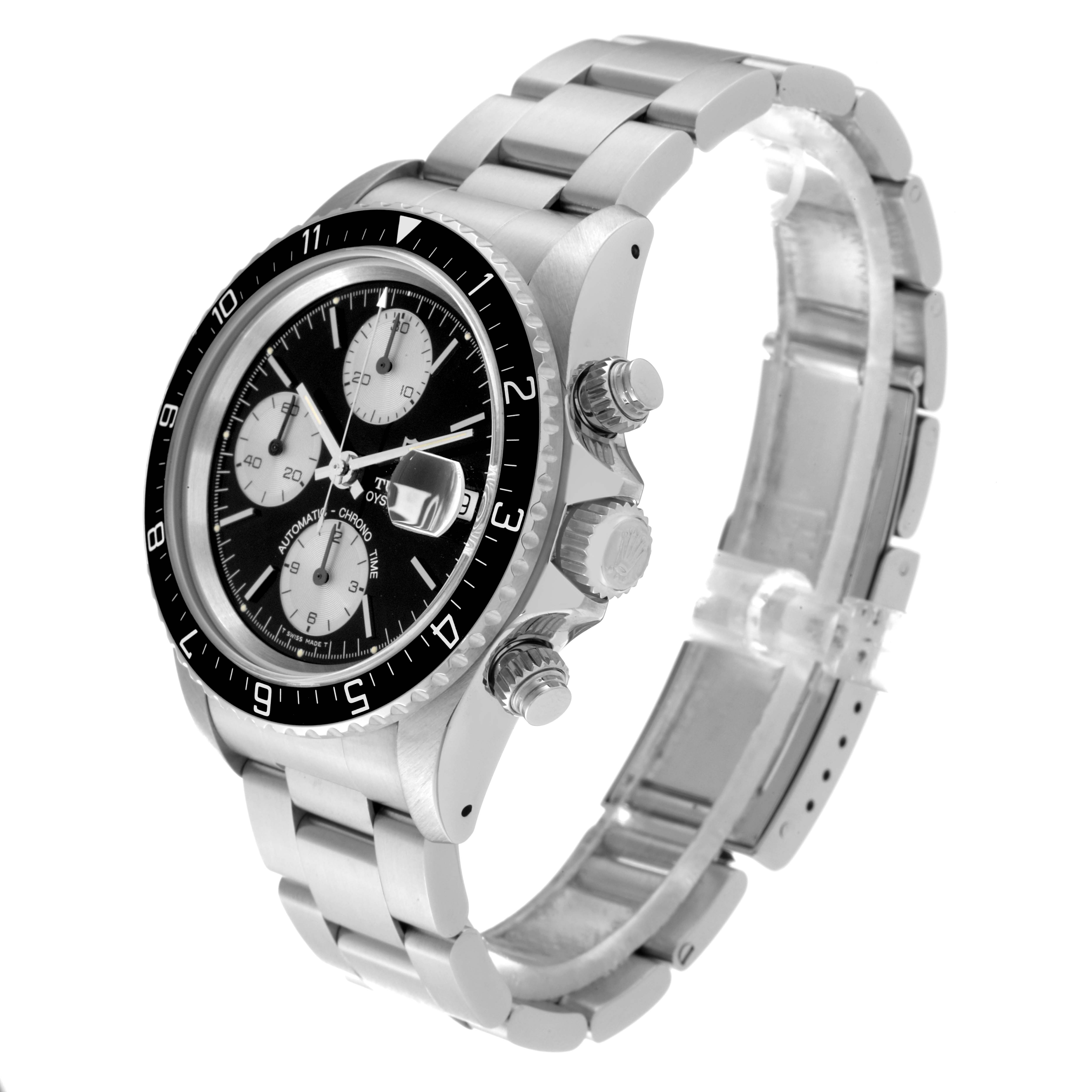 The image shows a Tudor Prince 79270 Men's Stainless Steel Black Dial 79270 Men's Stainless Steel Black Dial model watch at an angle highlighting the face, bracelet, crown, and chronograph pushers.