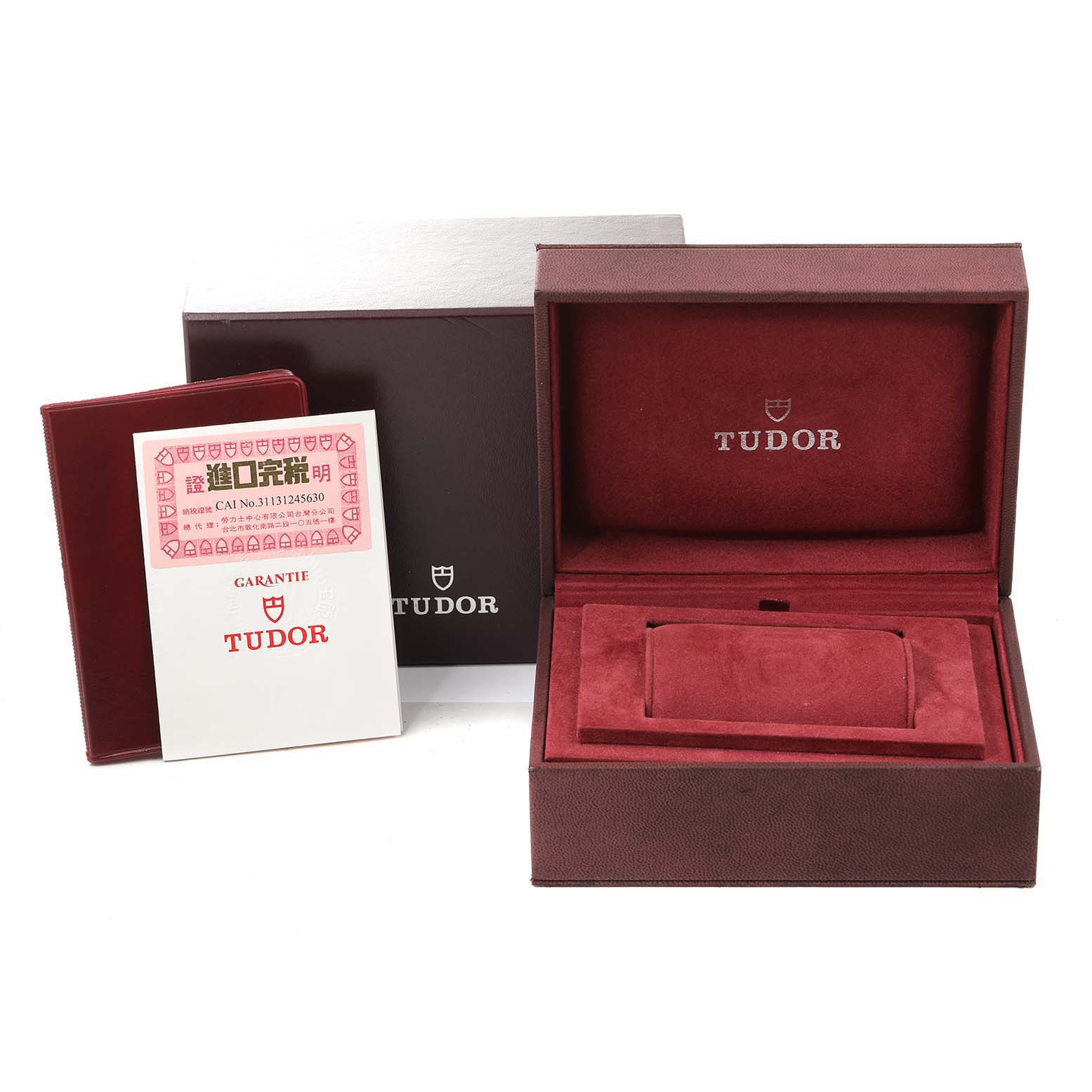 The image shows the Tudor Prince 72000 Men's Stainless Steel Black Dial 72000 Men's Stainless Steel Black Dial model's watch box, outer box, and guarantee card at a front angle.