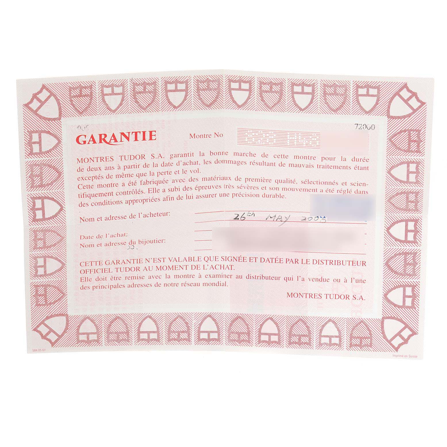 The image shows the warranty certificate for a Tudor Prince 72000 Men's Stainless Steel Black Dial 72000 Men's Stainless Steel Black Dial watch, displaying text and a border with Tudor logos.