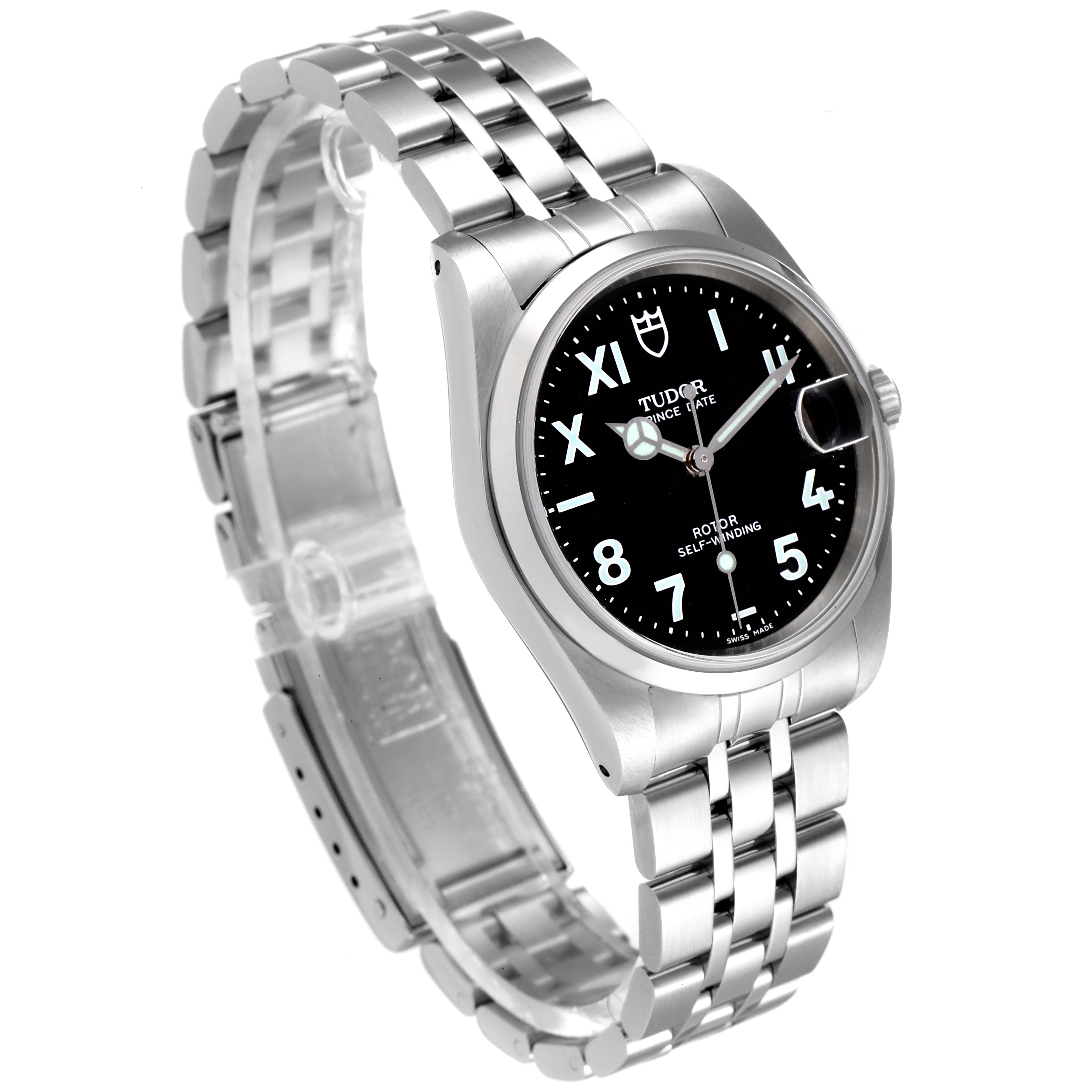 The image shows the Tudor Prince 72000 Men's Stainless Steel Black Dial 72000 Men's Stainless Steel Black Dial model watch at a slight top-left angle, highlighting its bezel, dial, crown, and bracelet.