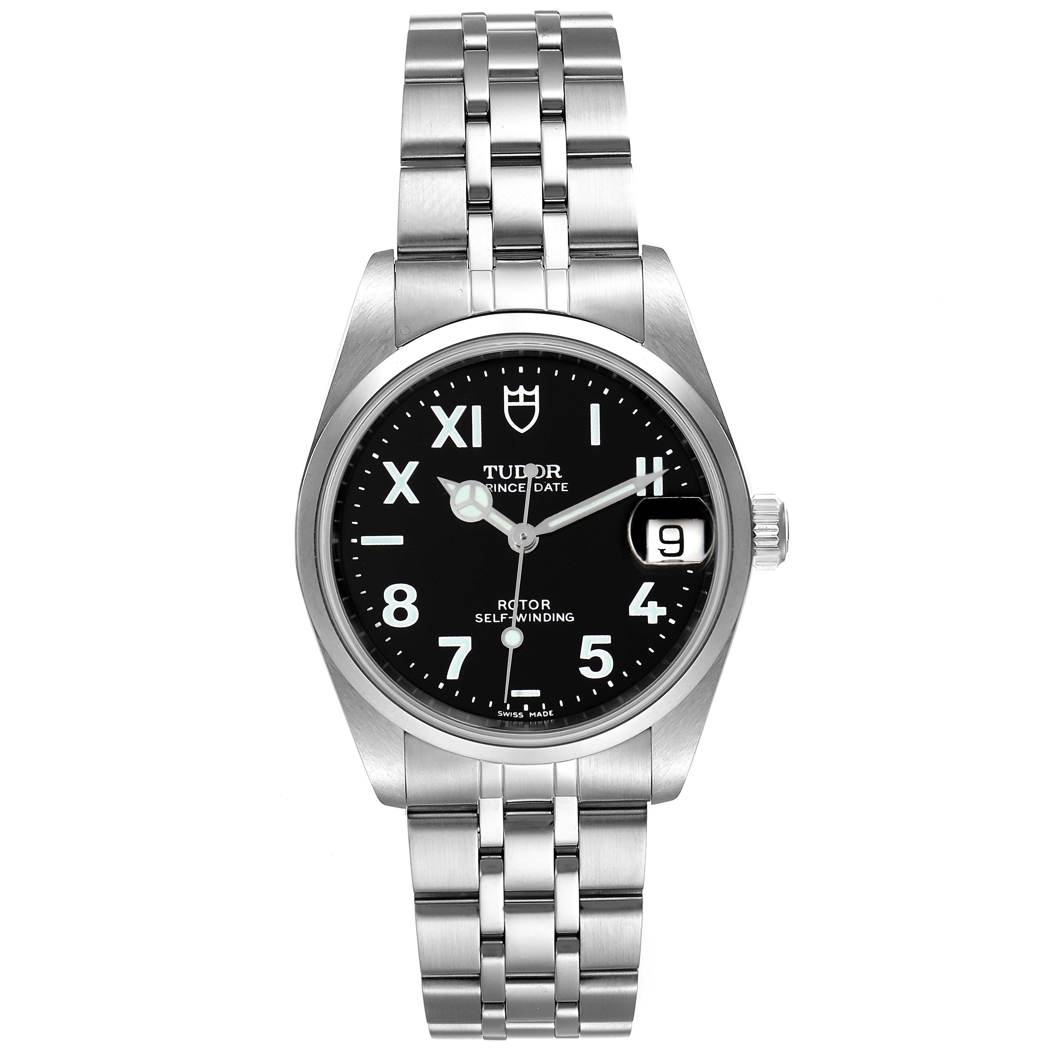 The Tudor Prince 72000 Men's Stainless Steel Black Dial 72000 Men's Stainless Steel Black Dial watch is shown from the front, displaying its face, bezel, crown, and stainless steel bracelet.