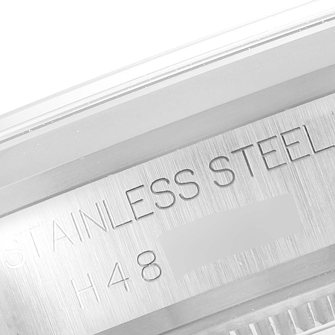 The image shows a close-up of the stainless steel back case of the Tudor Prince 72000 Men's Stainless Steel Black Dial 72000 Men's Stainless Steel Black Dial model watch.