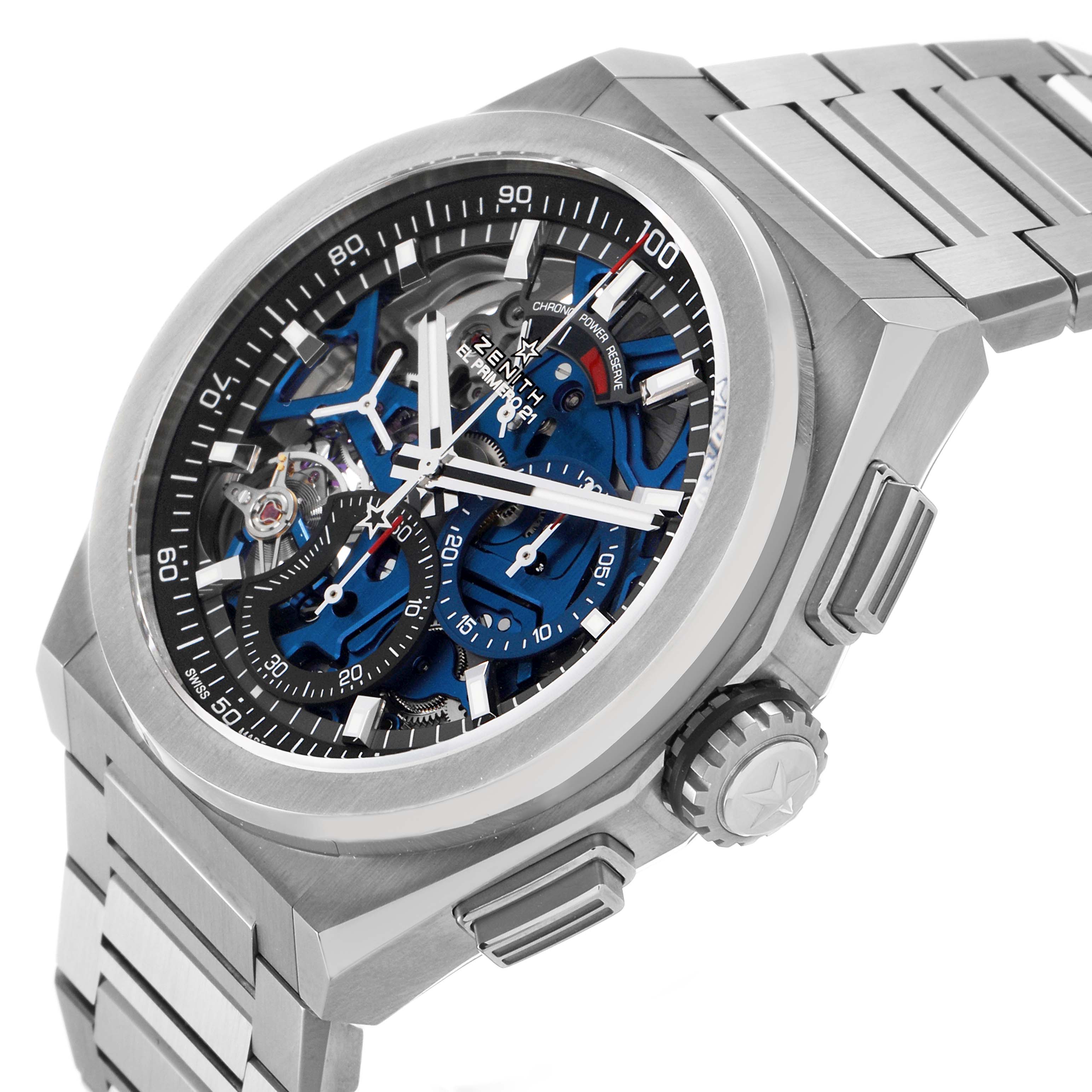 The Zenith El Primero 95.9002.9004/78.M9000 Men's Titanium Blue Dial watch is shown at a slight angle, highlighting the face, crown, and part of the metal band.