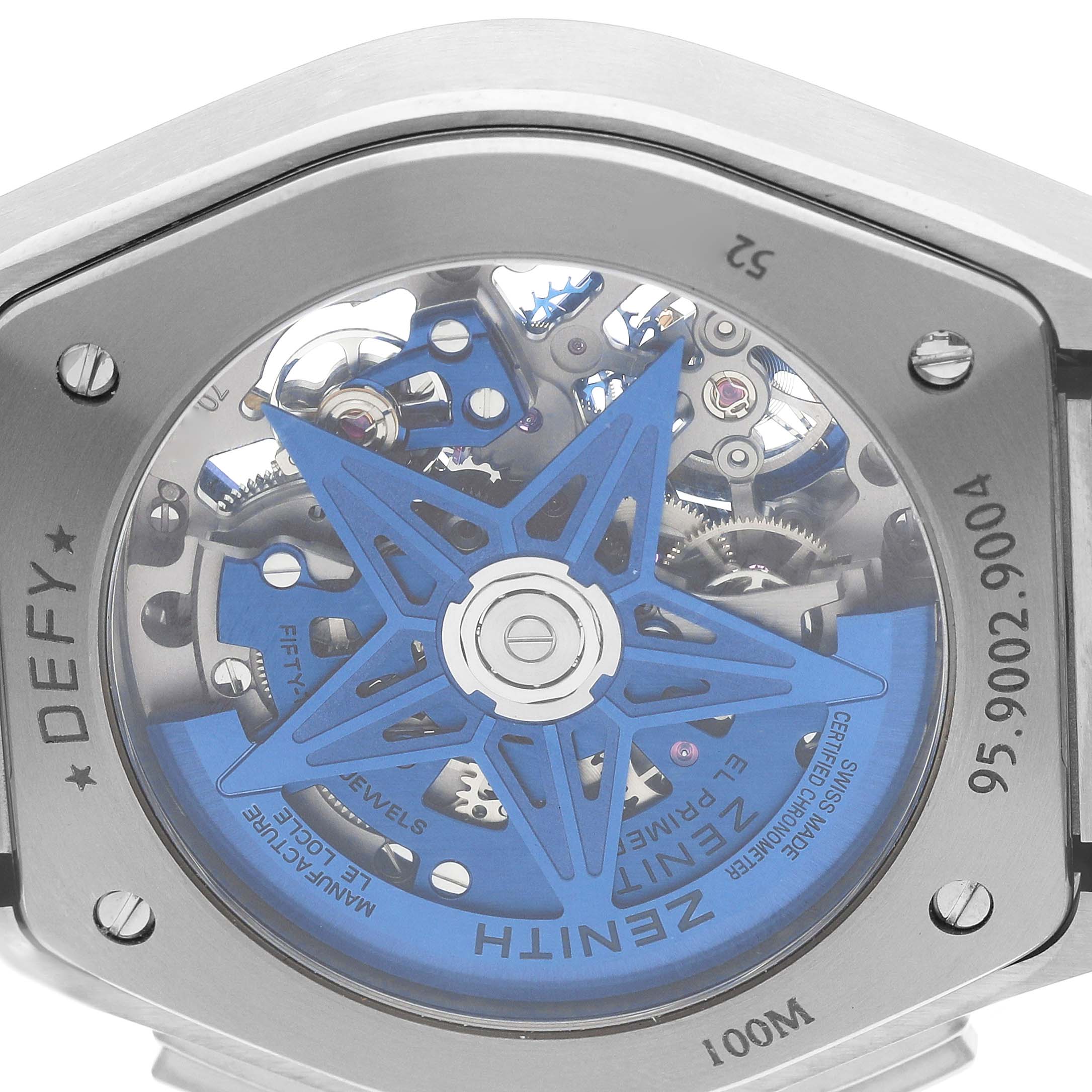The image shows the back of a Zenith El Primero 95.9002.9004/78.M9000 Men's Titanium Blue Dial watch, highlighting the movement and rotor mechanism.